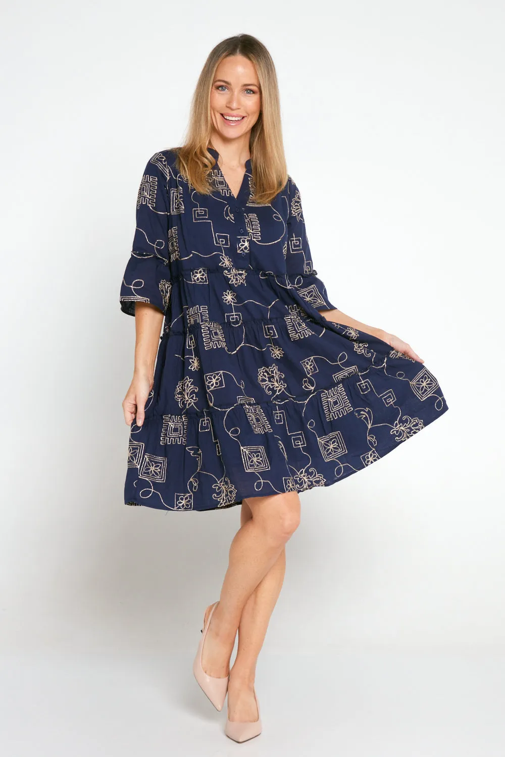 Mala Goldwork Cotton Dress - Navy