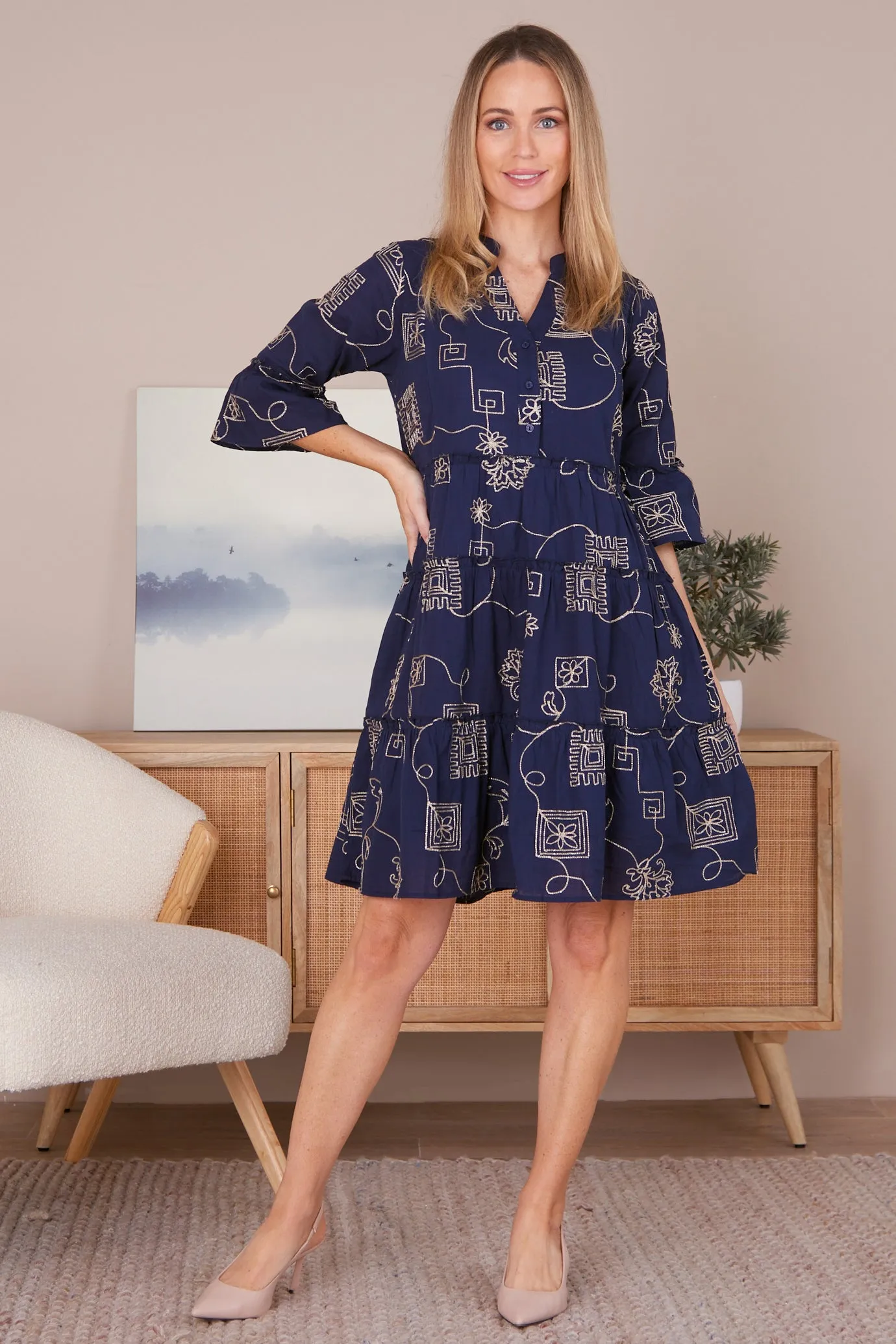 Mala Goldwork Cotton Dress - Navy