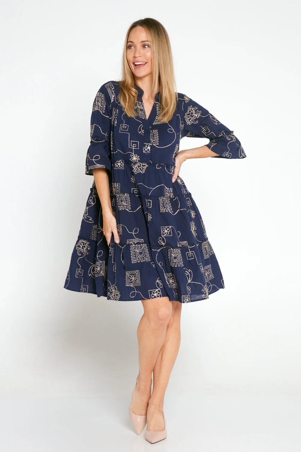 Mala Goldwork Cotton Dress - Navy