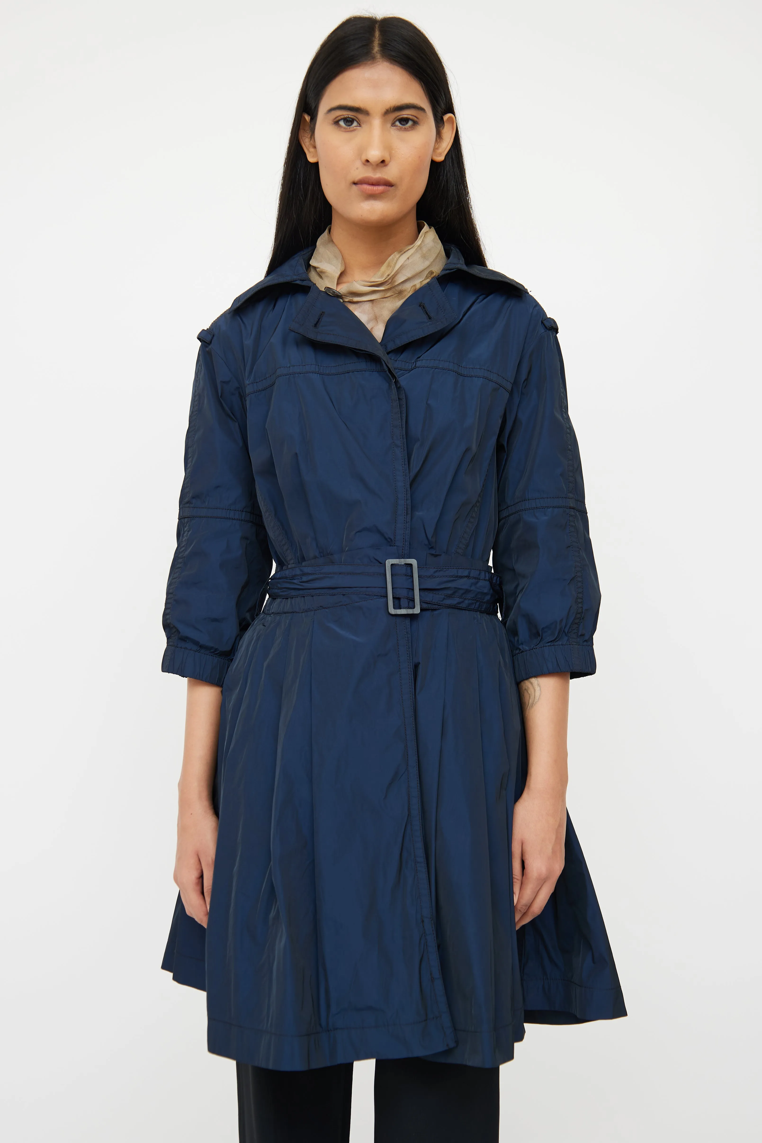 Navy & Black Silk Blend Peplum Trench Coat