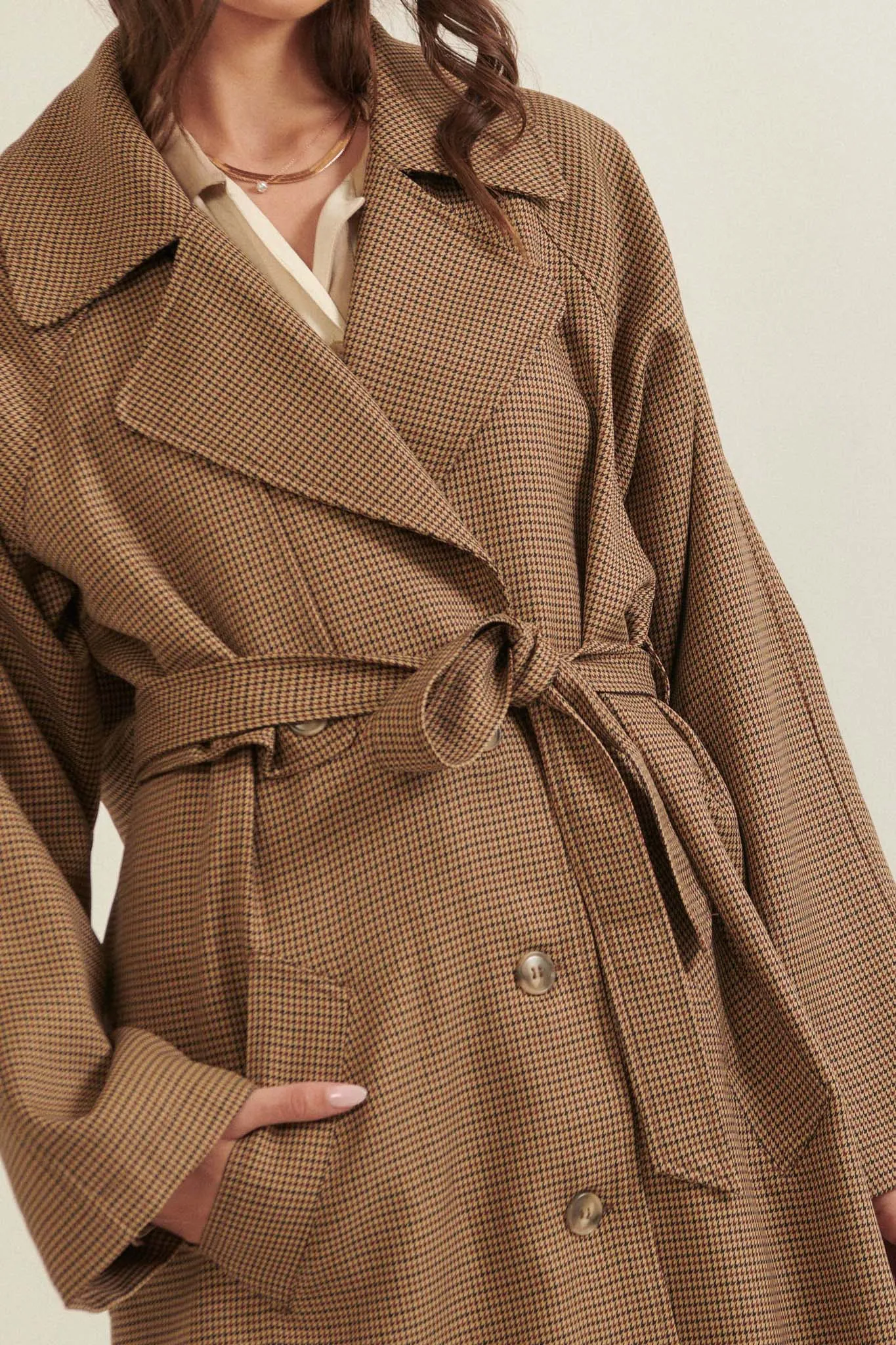 On the Case Houndstooth Belted Trench Coat