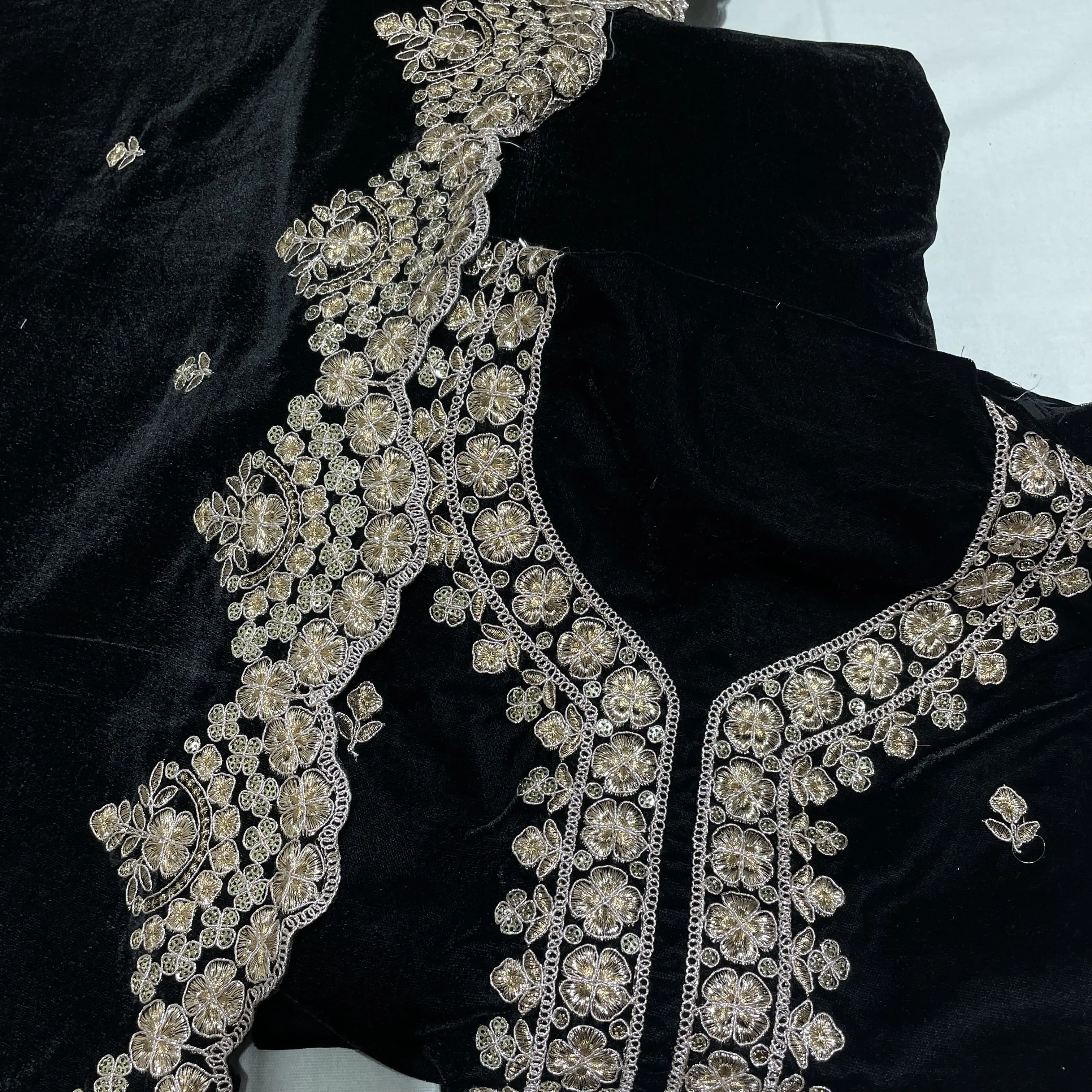 Premium Black Zari Sequins Embroidery Velvet Suit Set With Dupatta