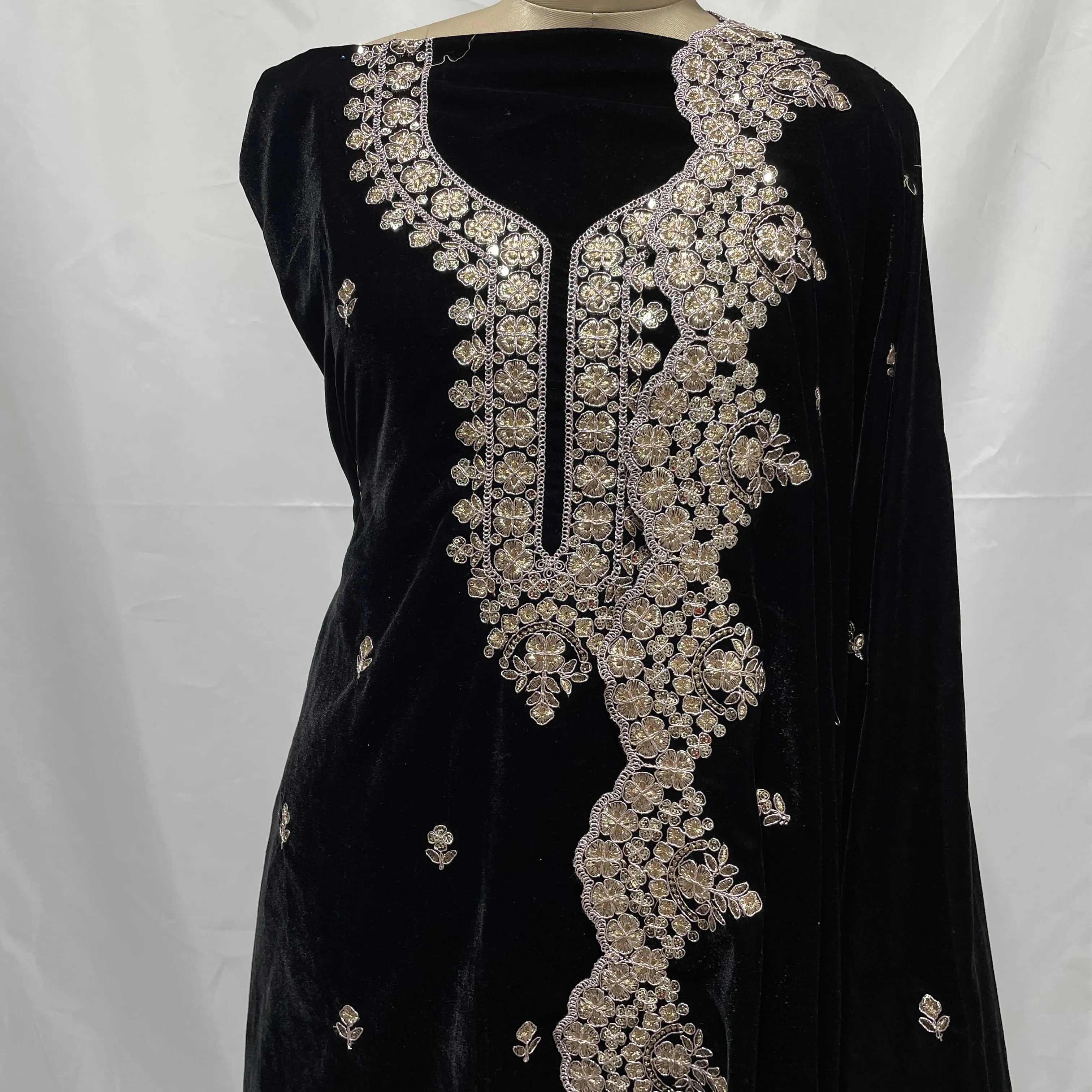 Premium Black Zari Sequins Embroidery Velvet Suit Set With Dupatta