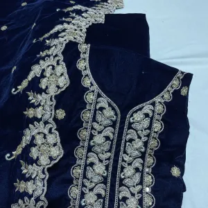 Premium Blue Zari Embroidery Velvet Suit Set With Dupatta