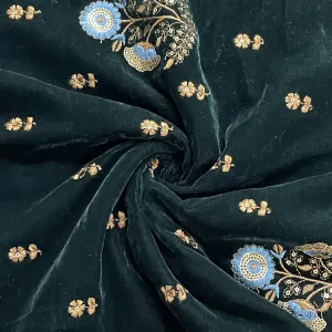 Premium Dark Green Floral Sequins Embroidery Velvet Fabric