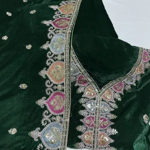 Premium Green Multicolor Thread Sequins Embroidery Velvet Suit Set With Dupatta