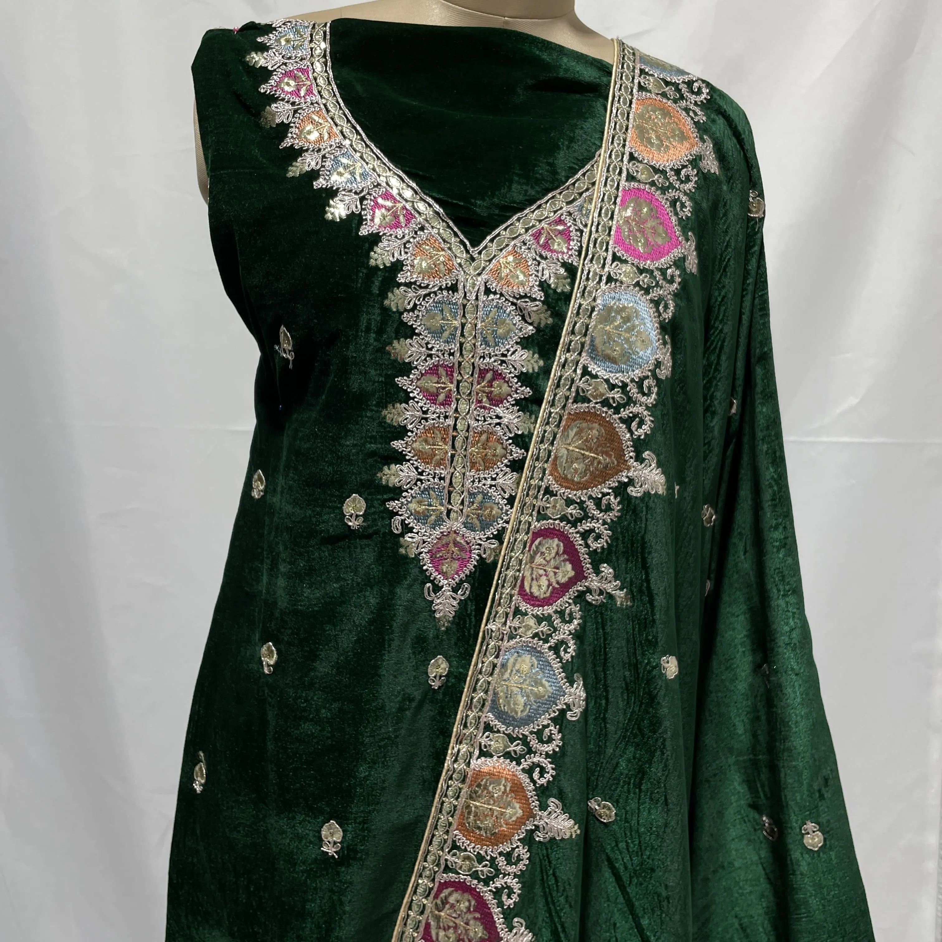 Premium Green Multicolor Thread Sequins Embroidery Velvet Suit Set With Dupatta