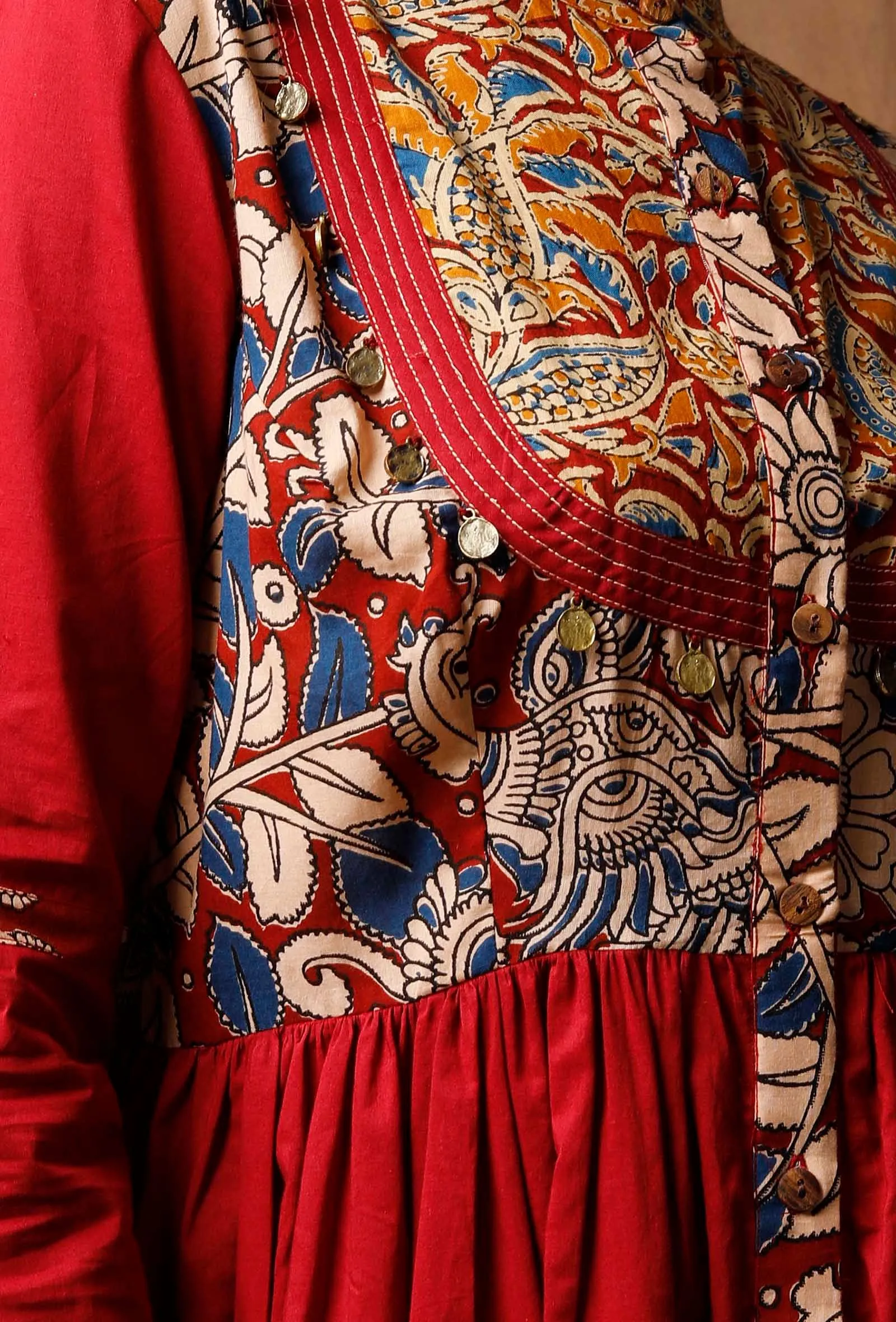 Red Kalamkari Printed Kurta With Coin Detail