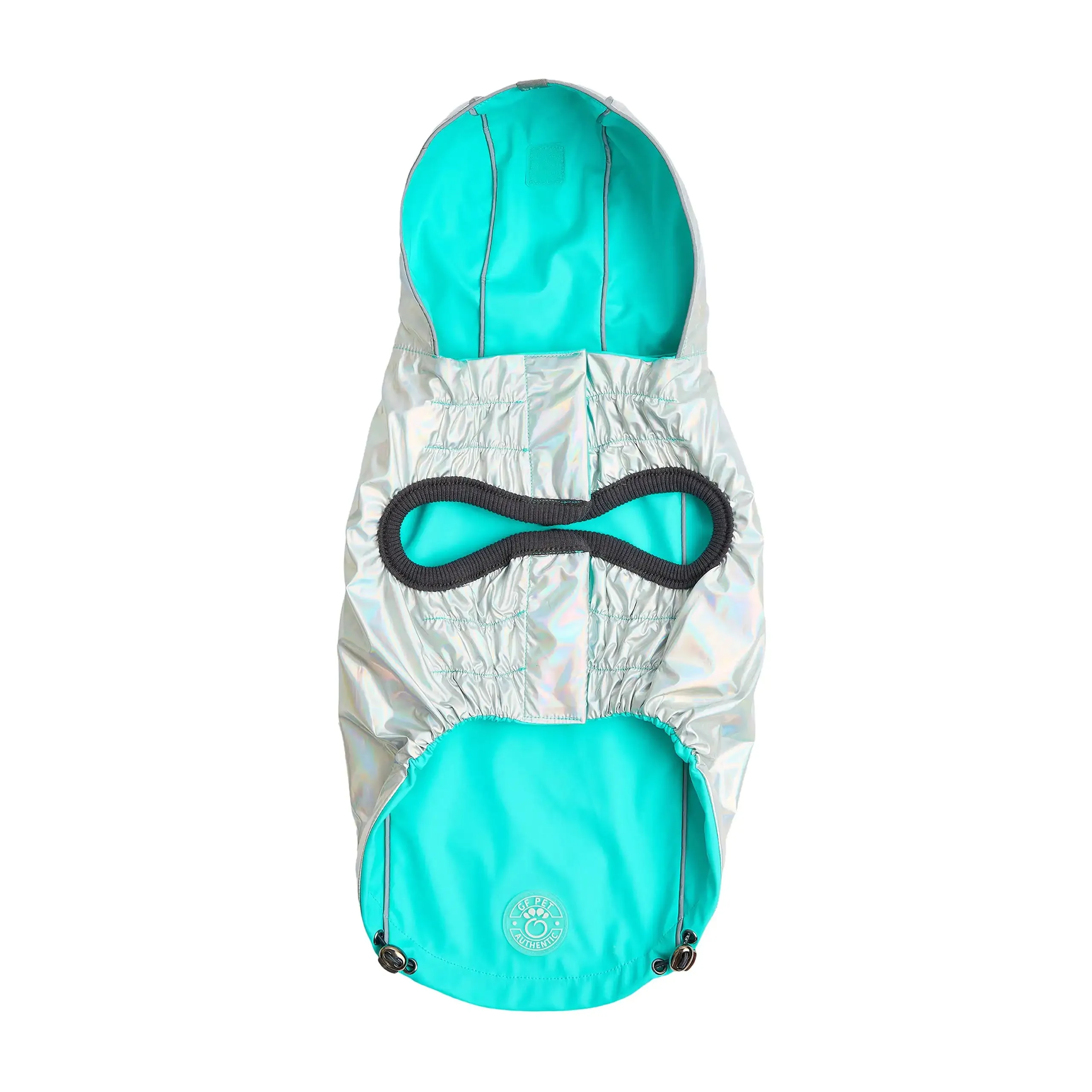 Reversible Dog Raincoat: Neon Aqua / Iridescent Print