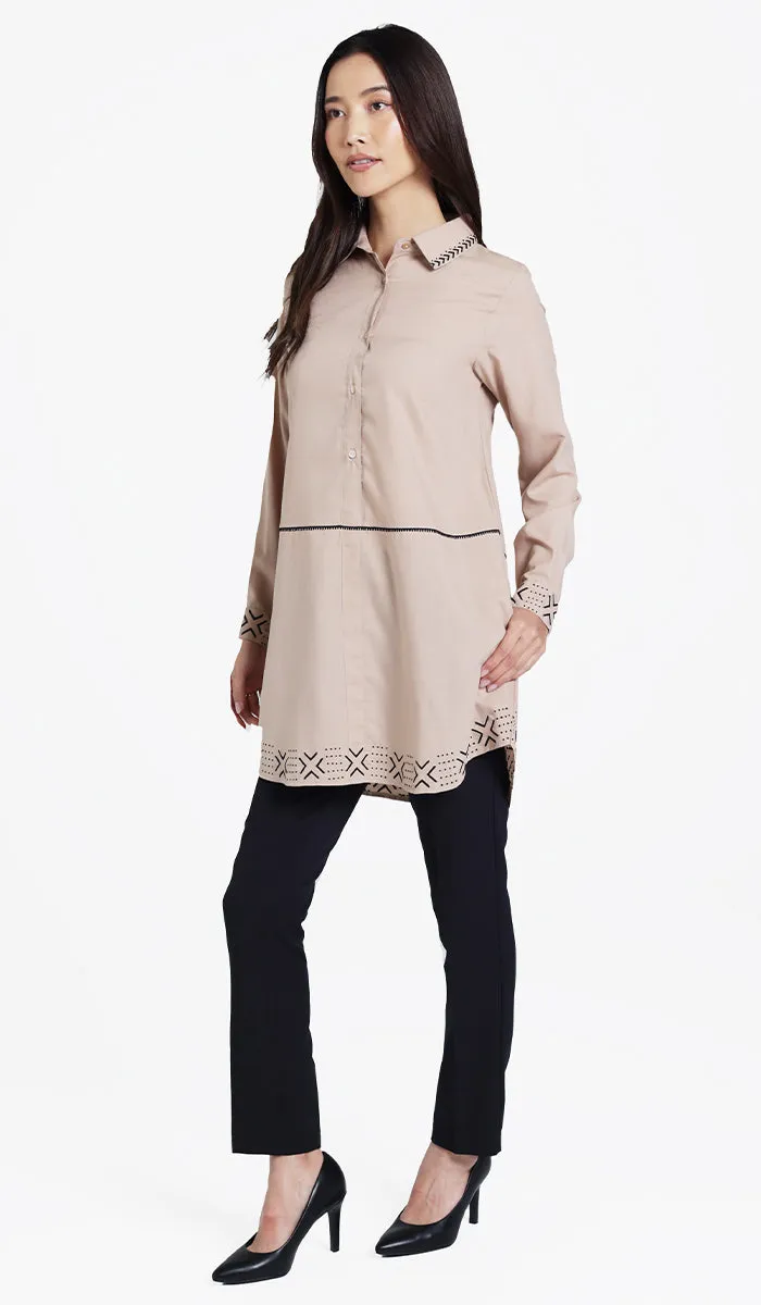 Sahara Embroidered Cotton feel Modest Button-down Tunic - Mocha - PREORDER (ships in 2 weeks)