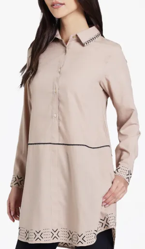 Sahara Embroidered Cotton feel Modest Button-down Tunic - Mocha - PREORDER (ships in 2 weeks)