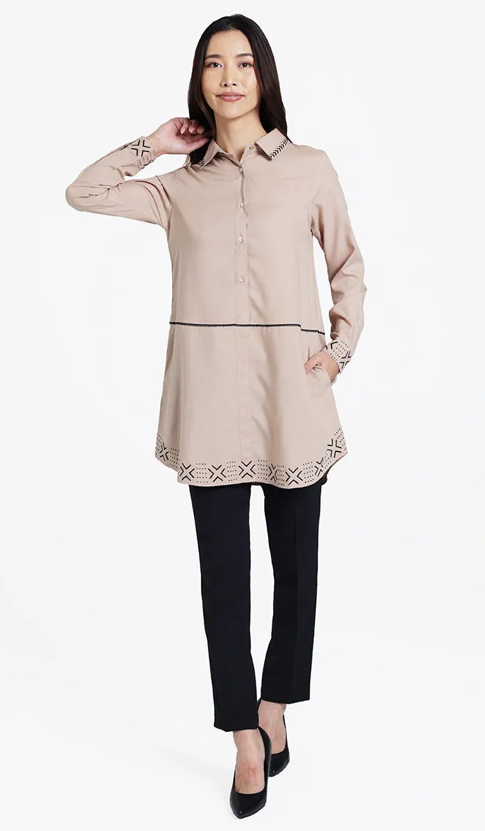 Sahara Embroidered Cotton feel Modest Button-down Tunic - Mocha - PREORDER (ships in 2 weeks)