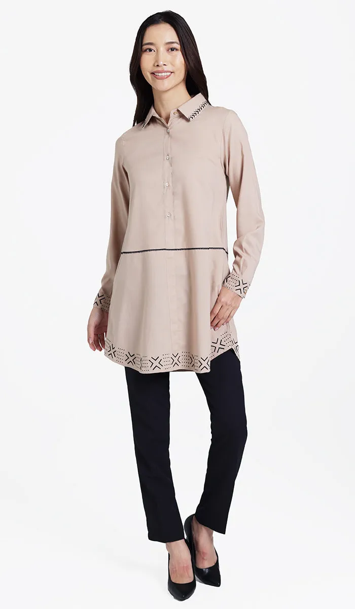 Sahara Embroidered Cotton feel Modest Button-down Tunic - Mocha - PREORDER (ships in 2 weeks)