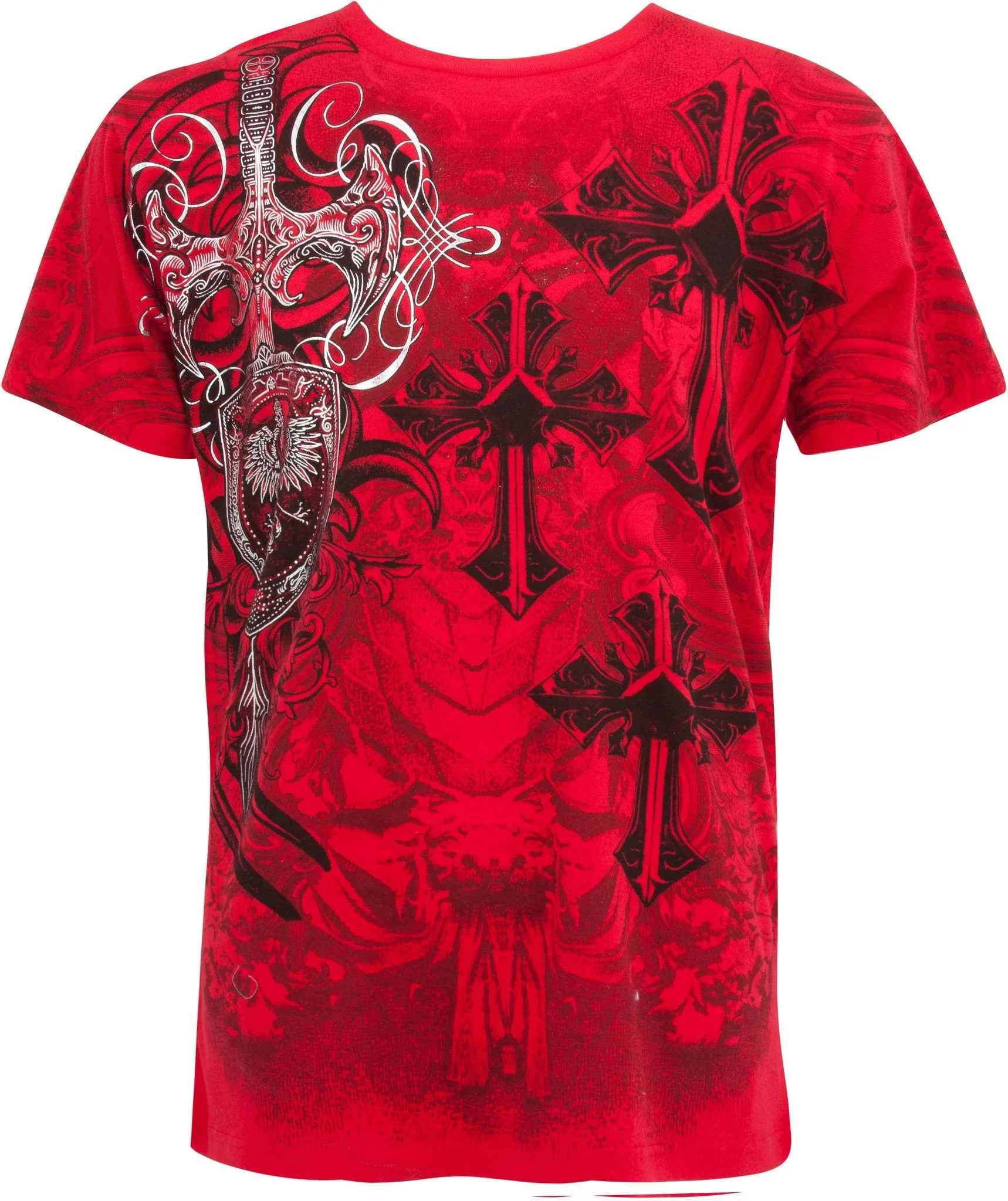 Sakkas Cross, Sword and Shield Metallic Silver Embossed Cotton Mens T-Shirt