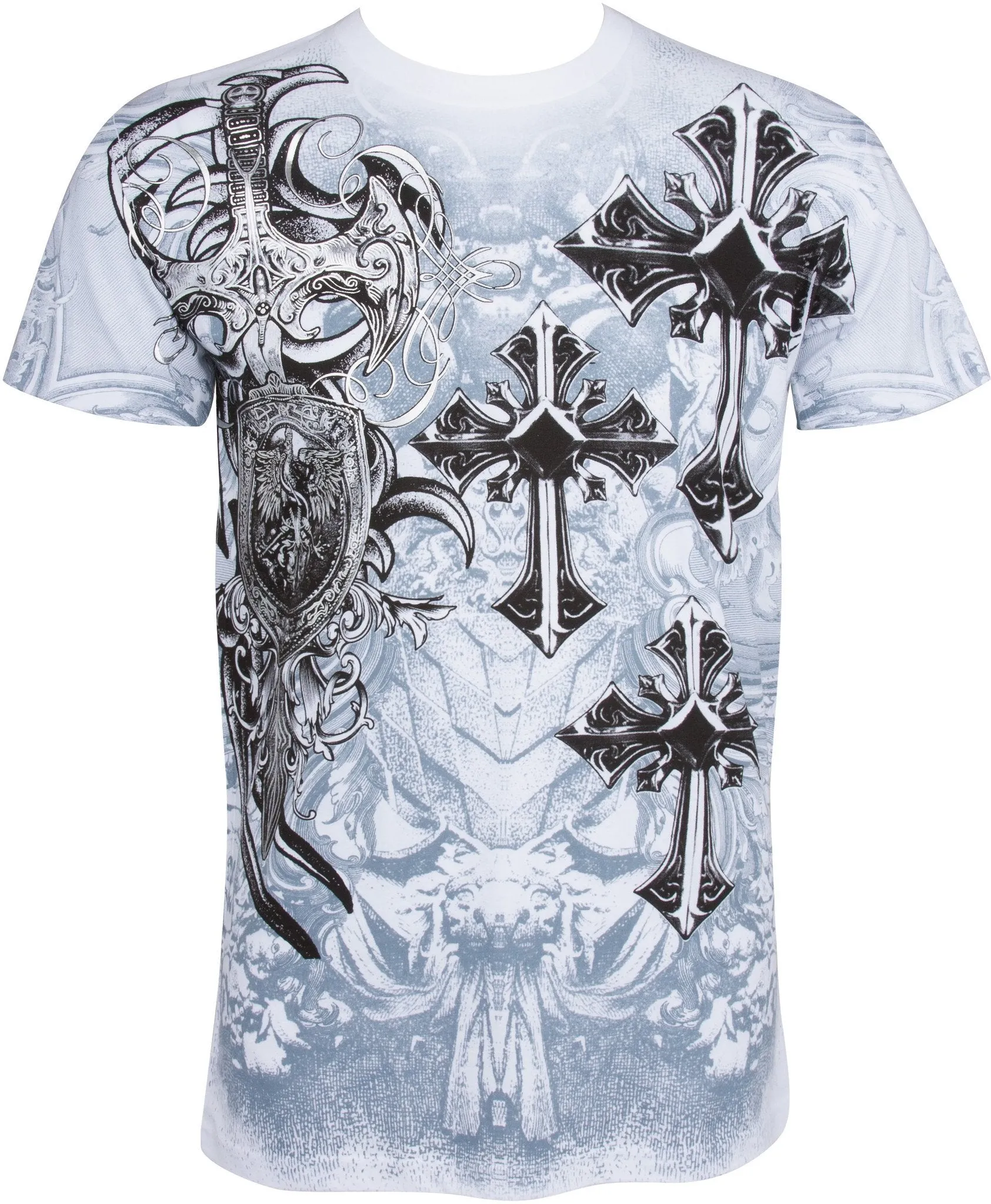 Sakkas Cross, Sword and Shield Metallic Silver Embossed Cotton Mens T-Shirt