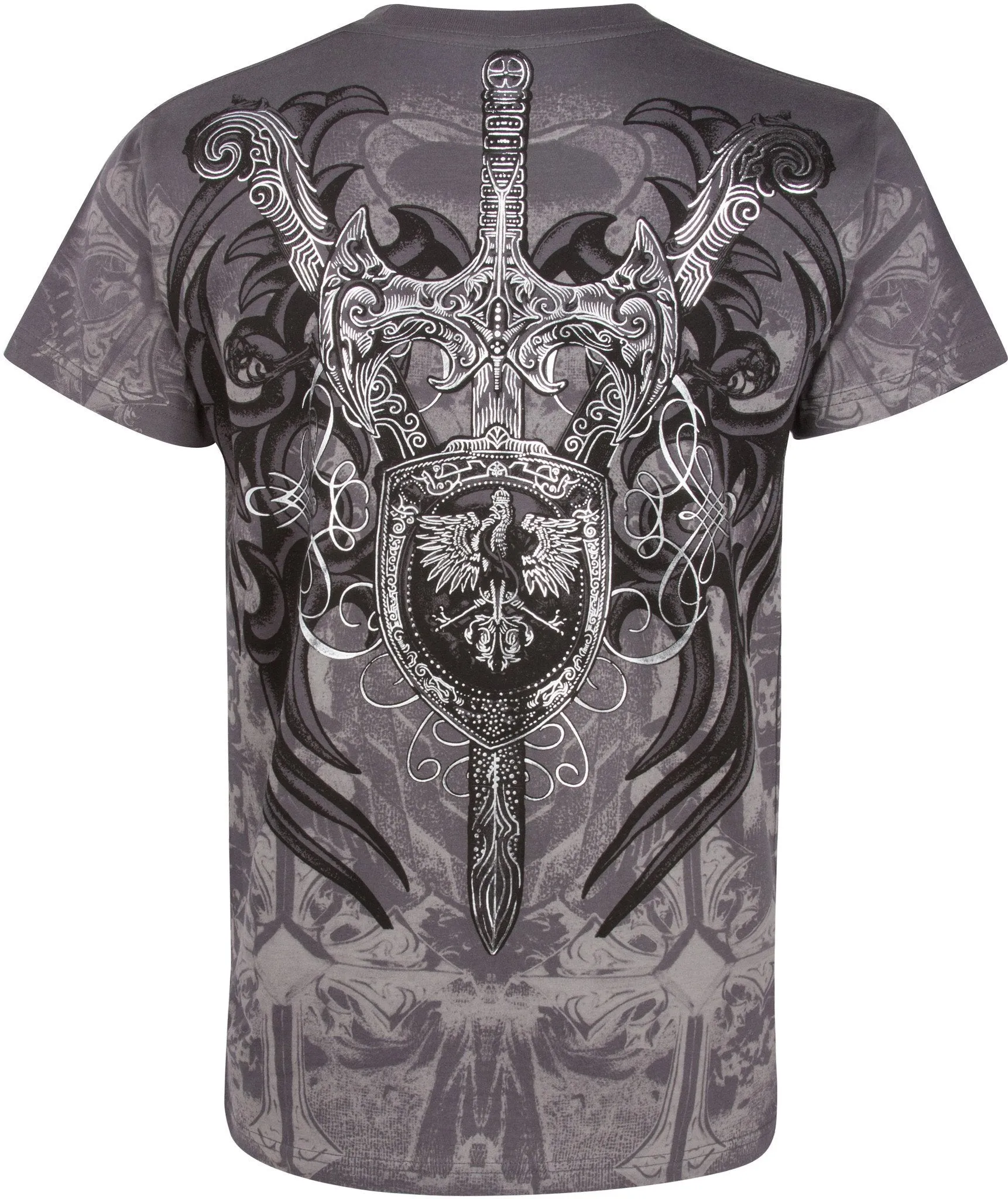 Sakkas Cross, Sword and Shield Metallic Silver Embossed Cotton Mens T-Shirt