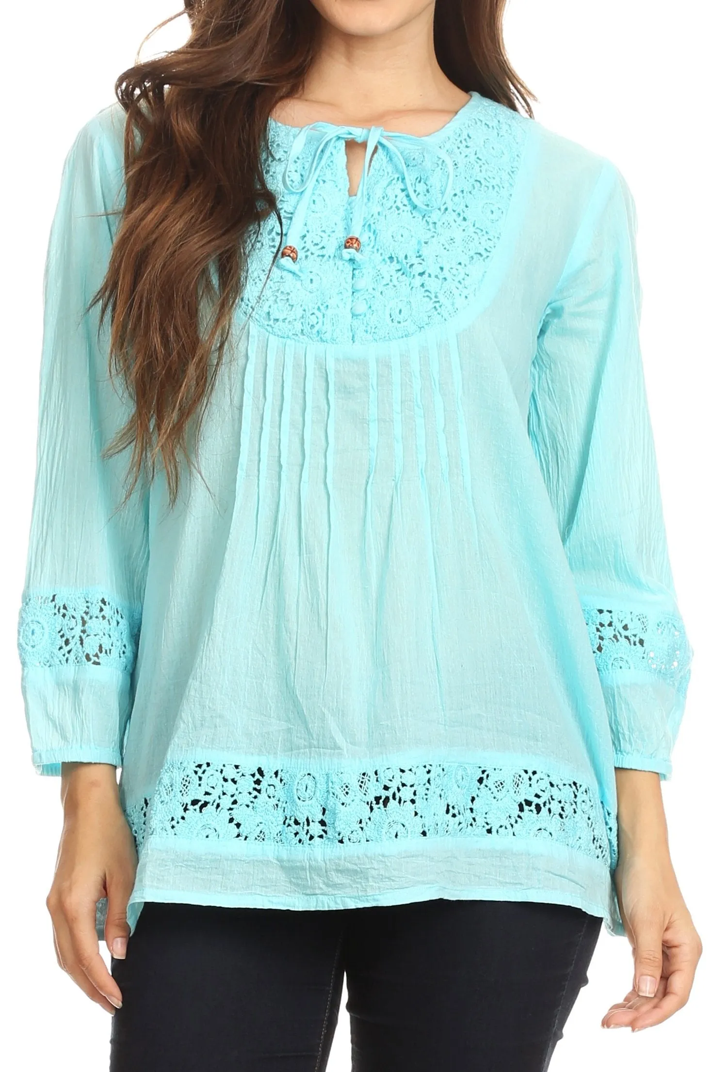 Sakkas Echo Long Lightweight Embroidered Blouse Top With Bell Sleeves