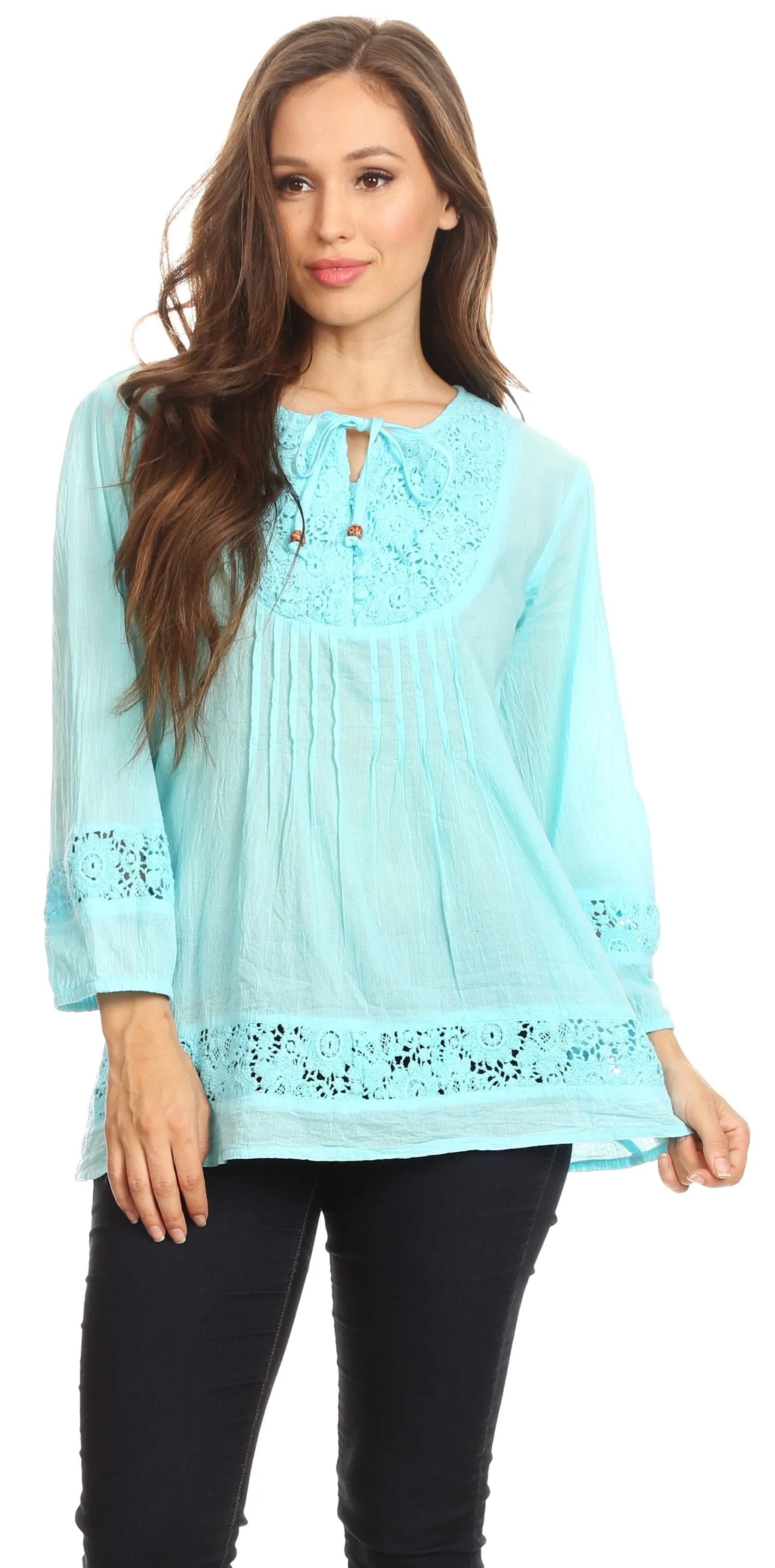 Sakkas Echo Long Lightweight Embroidered Blouse Top With Bell Sleeves