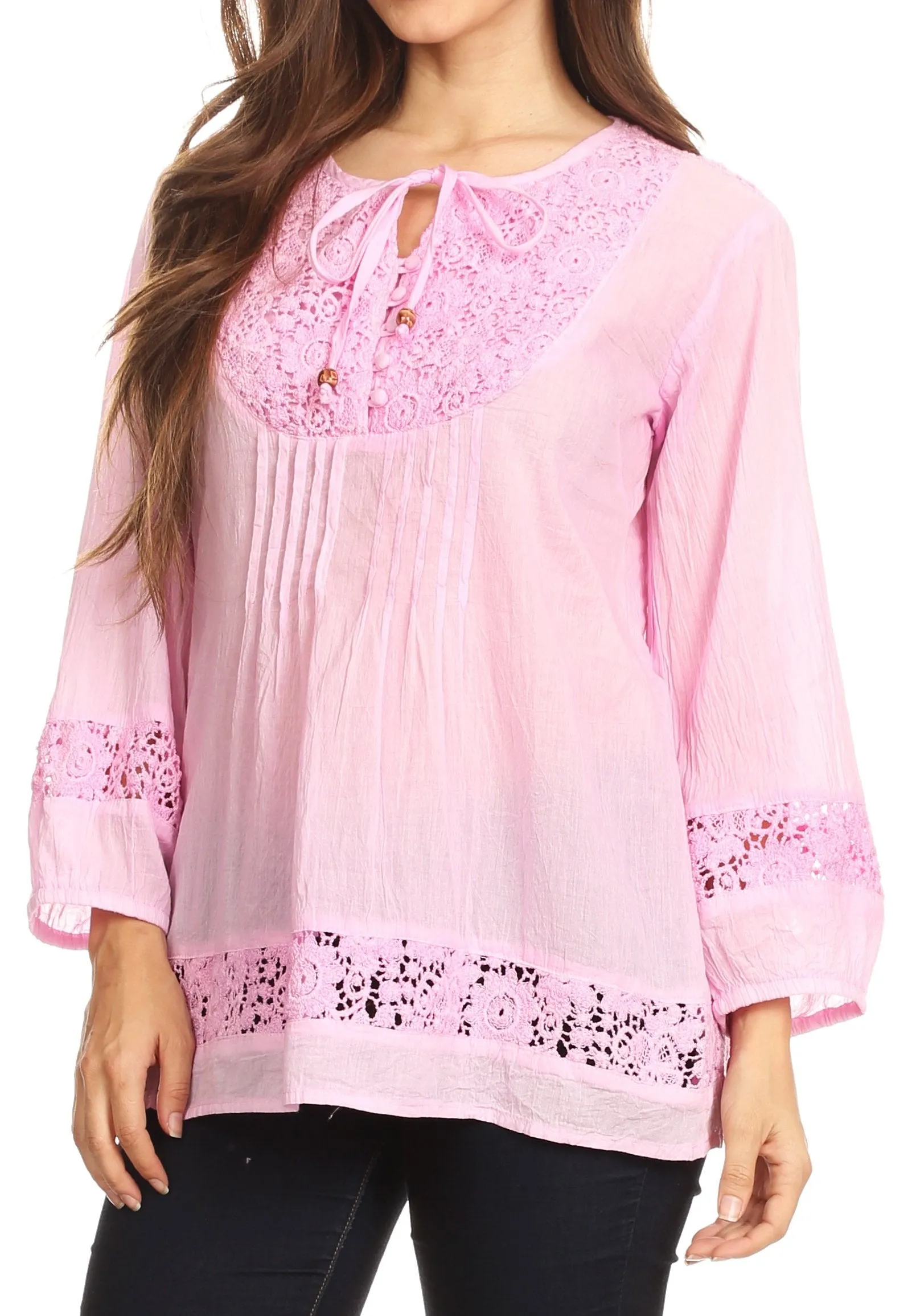 Sakkas Echo Long Lightweight Embroidered Blouse Top With Bell Sleeves