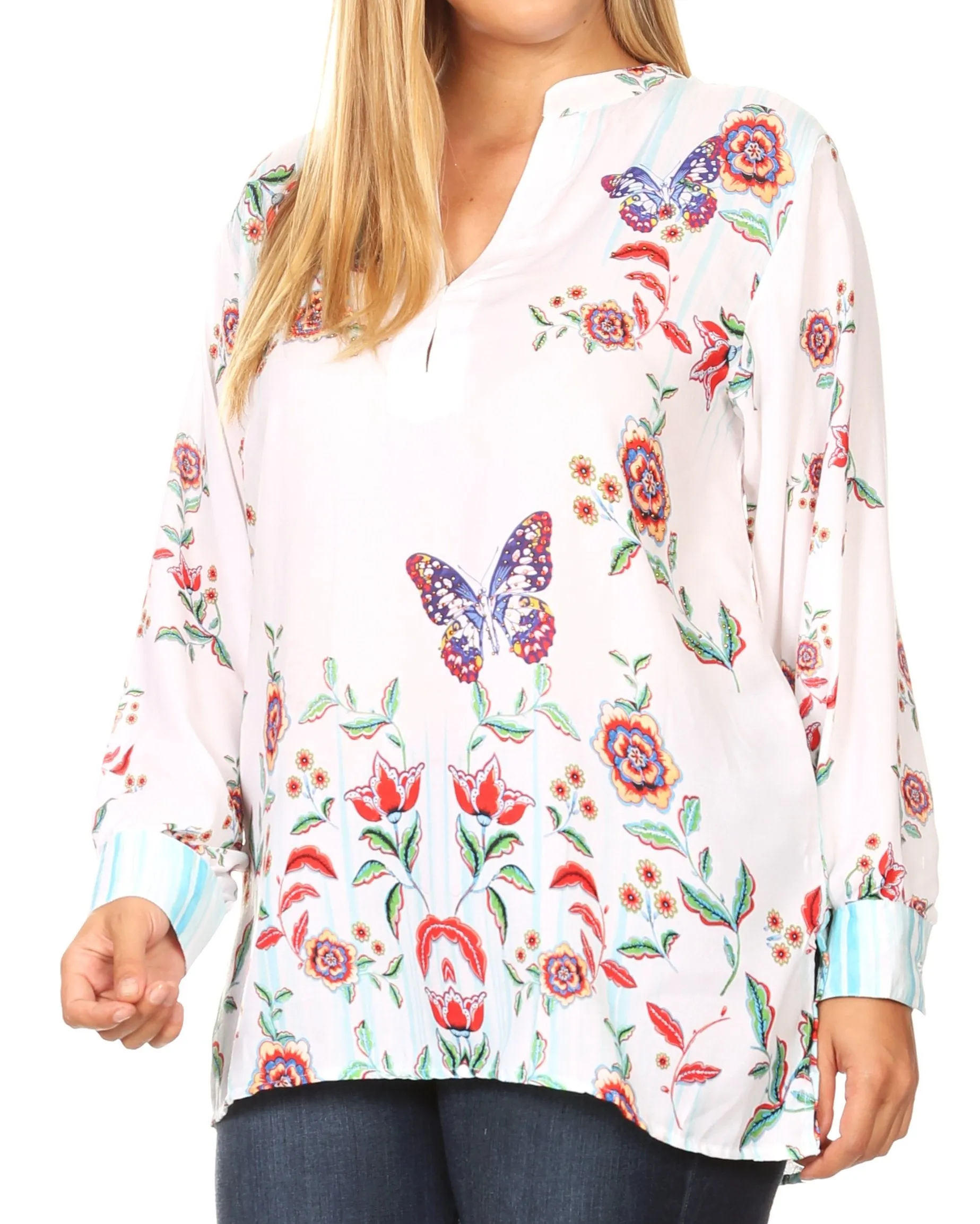 Sakkas Fara Women's Casual Floral Print Lightweight Long Sleeve Blouse Tunic Top