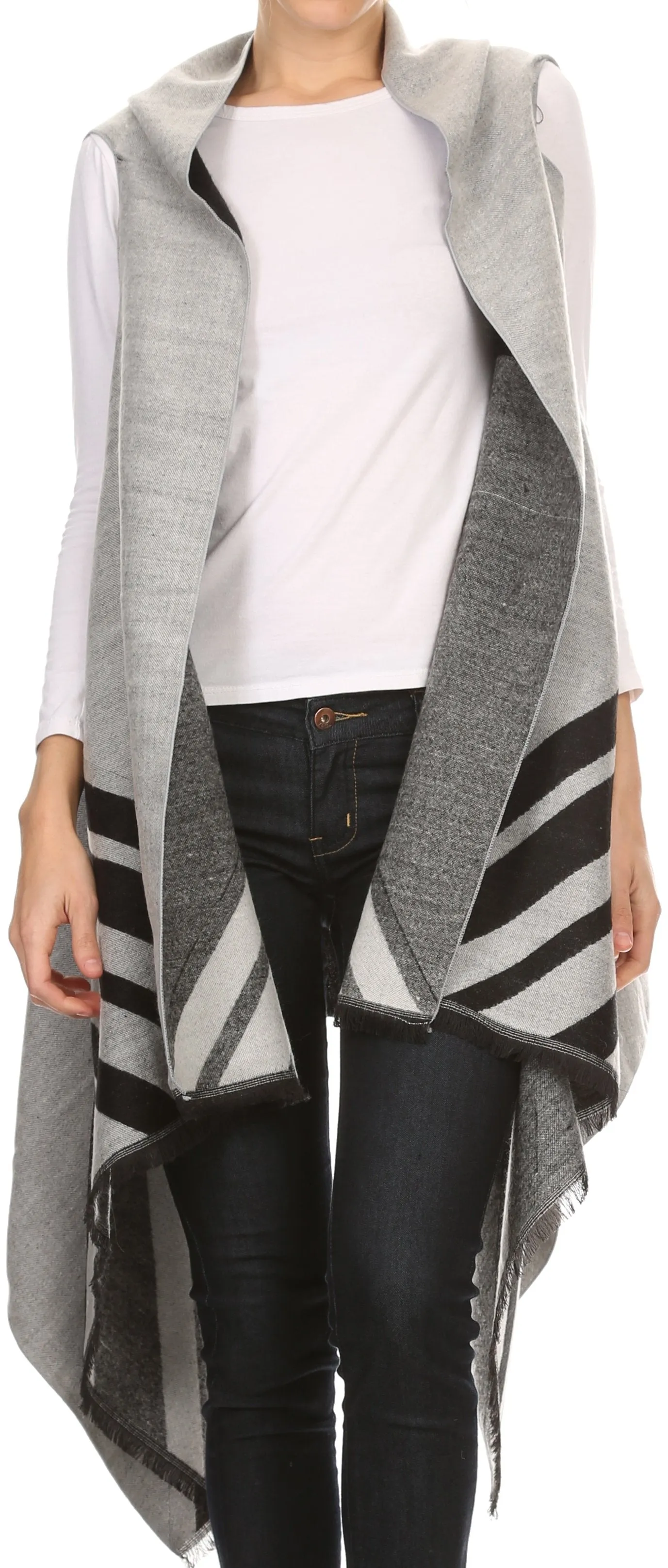 Sakkas Janeek Thick Warm Long Tapered Striped Multi Color Block Poncho Cape Wrap