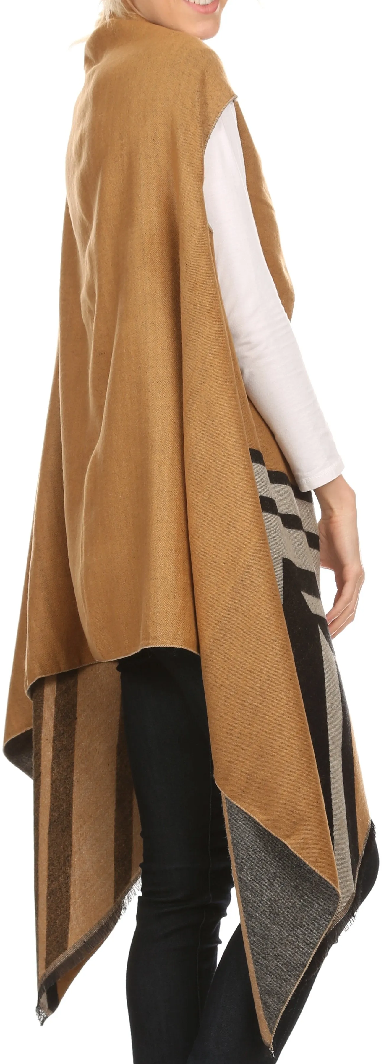 Sakkas Janeek Thick Warm Long Tapered Striped Multi Color Block Poncho Cape Wrap