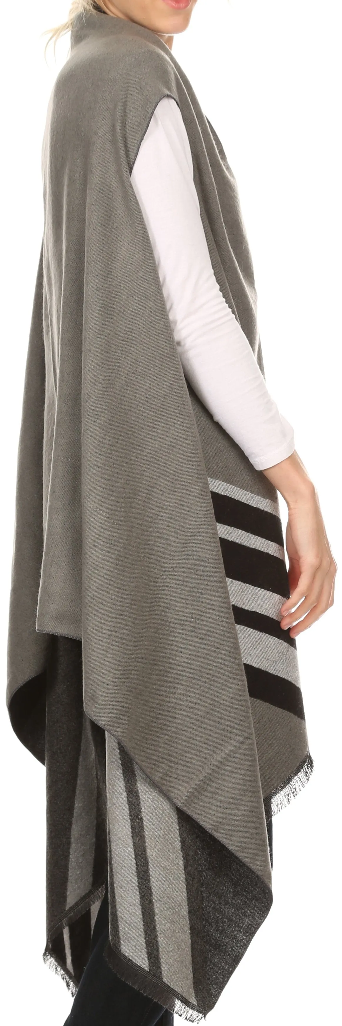 Sakkas Janeek Thick Warm Long Tapered Striped Multi Color Block Poncho Cape Wrap