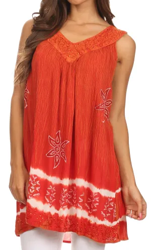 Sakkas Ruth Sequin Embroidered Batik Relaxed Fit Sleeveless V-Neck Top