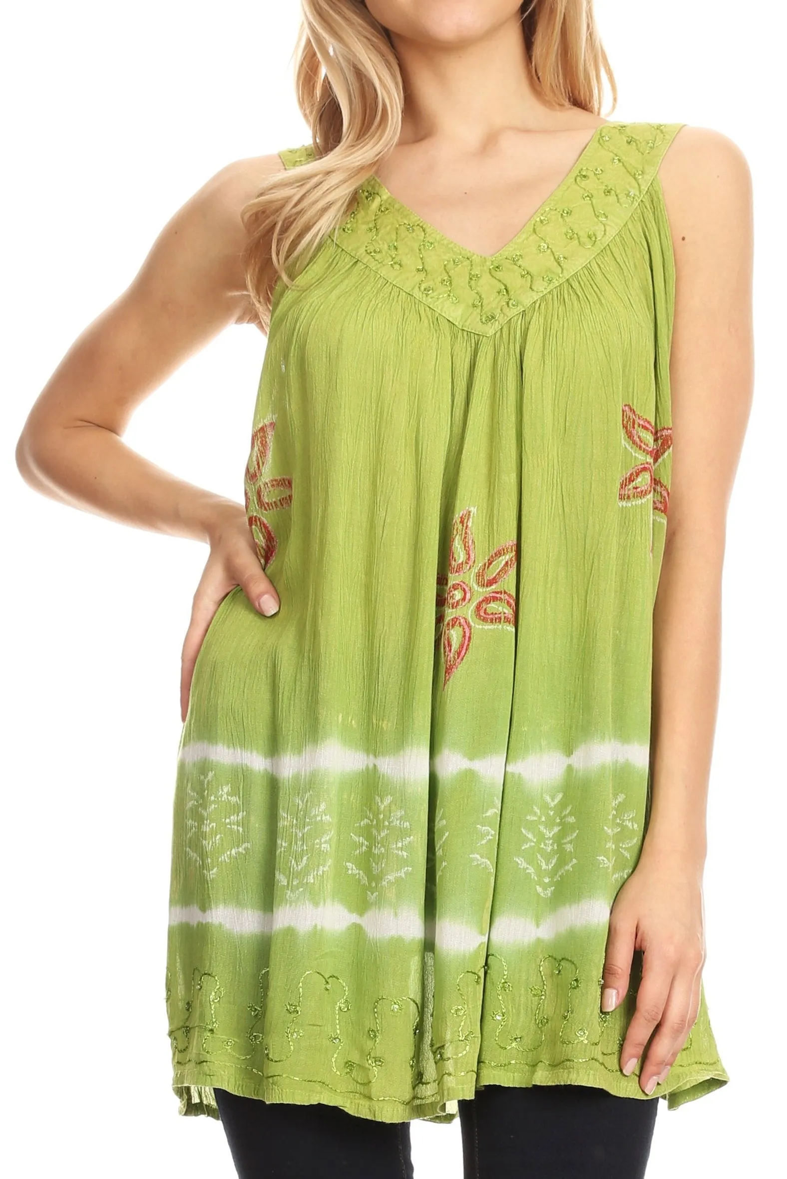 Sakkas Ruth Sequin Embroidered Batik Relaxed Fit Sleeveless V-Neck Top