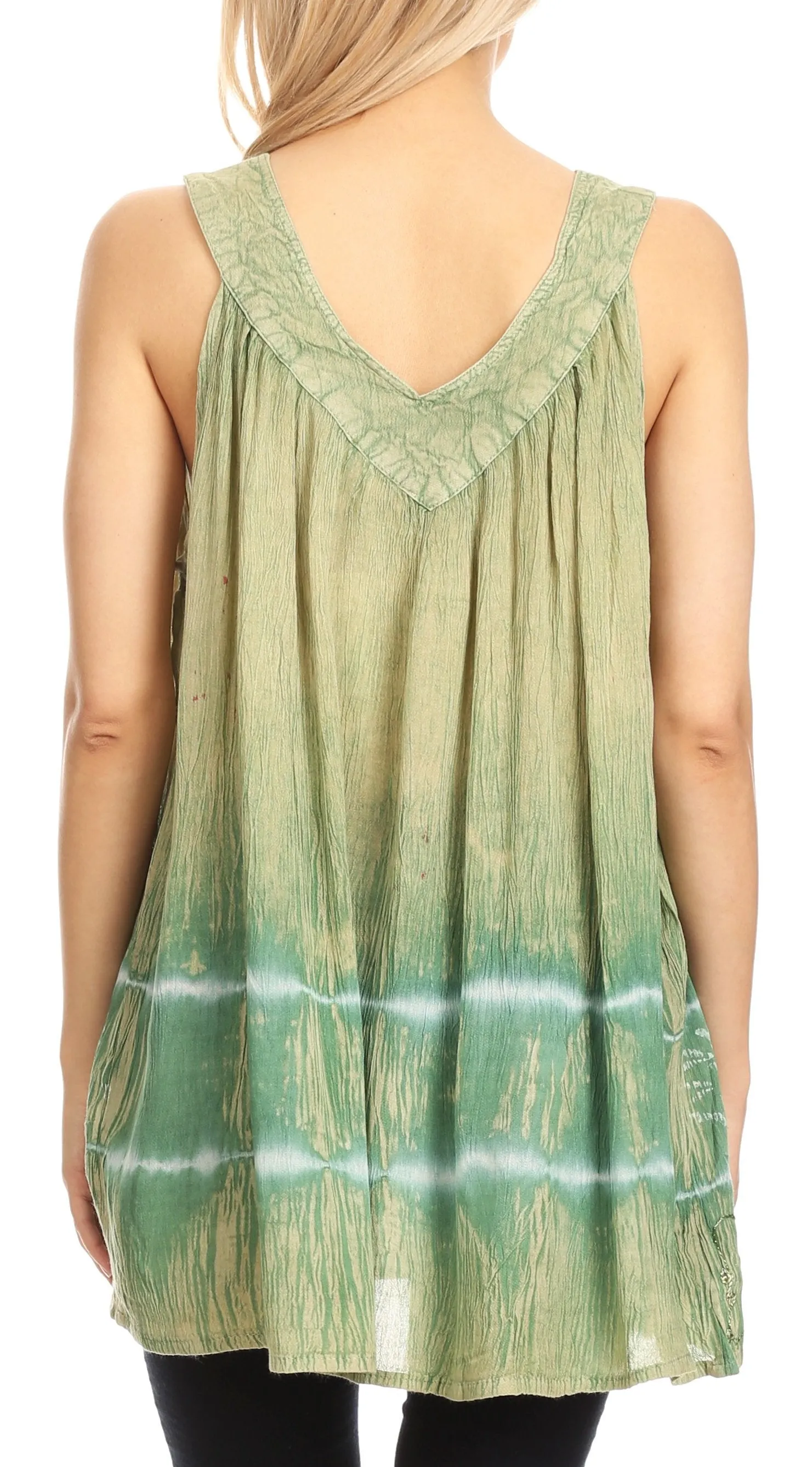 Sakkas Ruth Sequin Embroidered Batik Relaxed Fit Sleeveless V-Neck Top