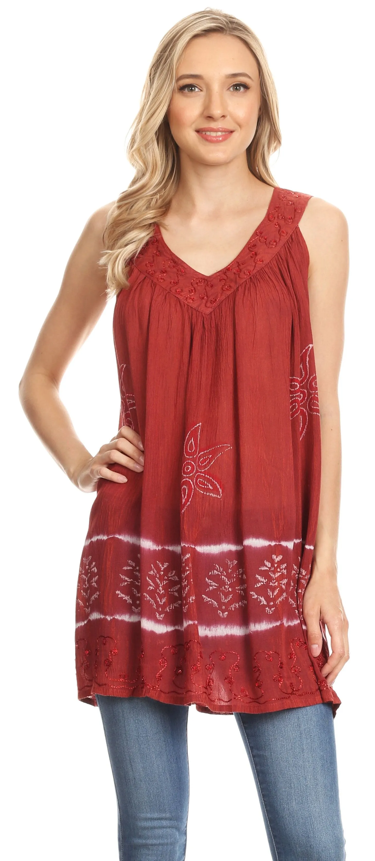 Sakkas Ruth Sequin Embroidered Batik Relaxed Fit Sleeveless V-Neck Top