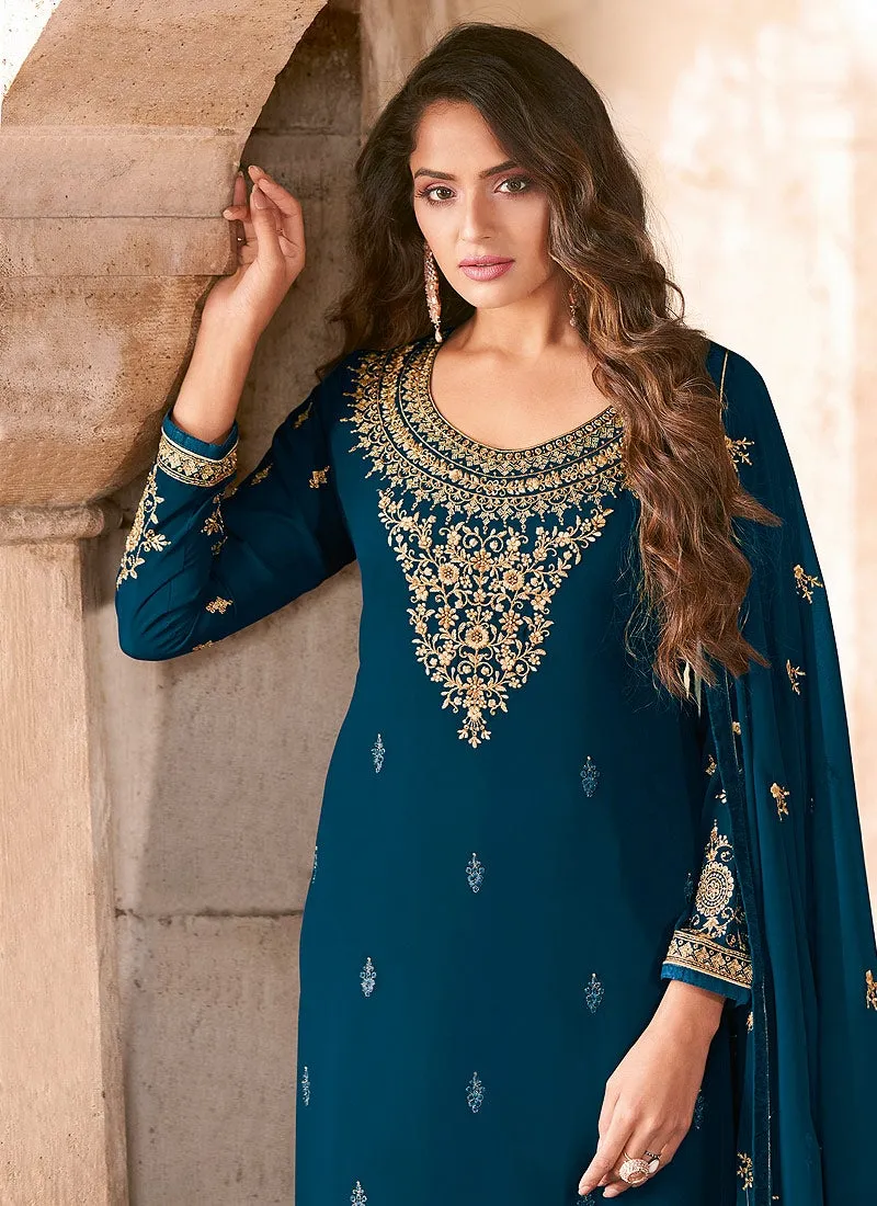 Salwar Kameez in Blue with Resham & Thread Embroidery