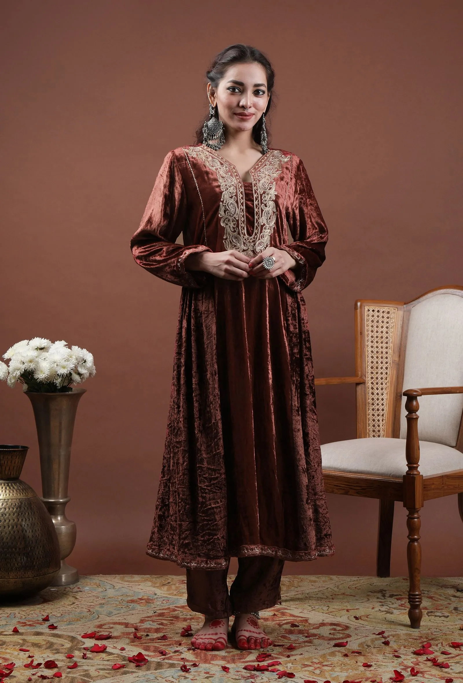 Set Of 2: Saima Rust Velvet Tilla Embroidered Phiran & Pants