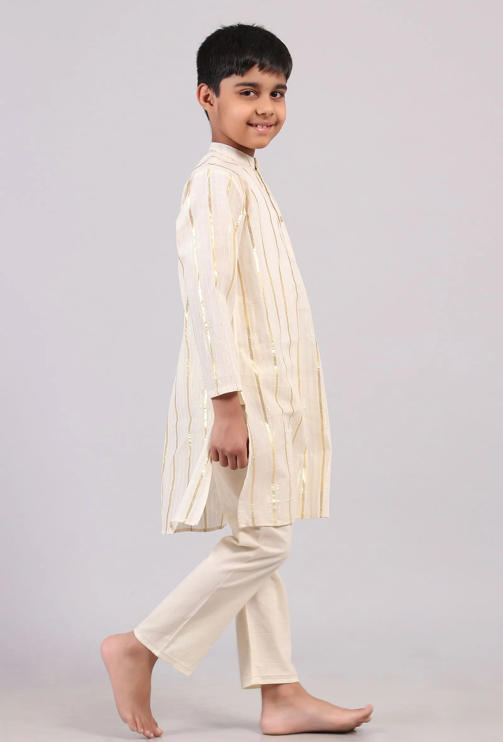 Set Of 2: White Cotton Golden Stripes Kurta Pyjama Set