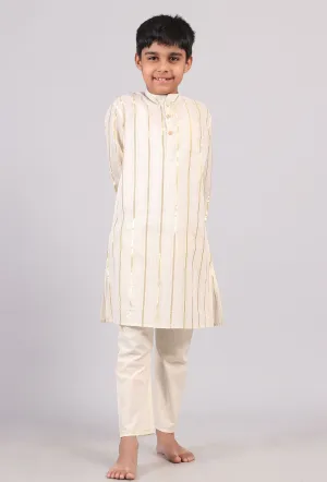 Set Of 2: White Cotton Golden Stripes Kurta Pyjama Set