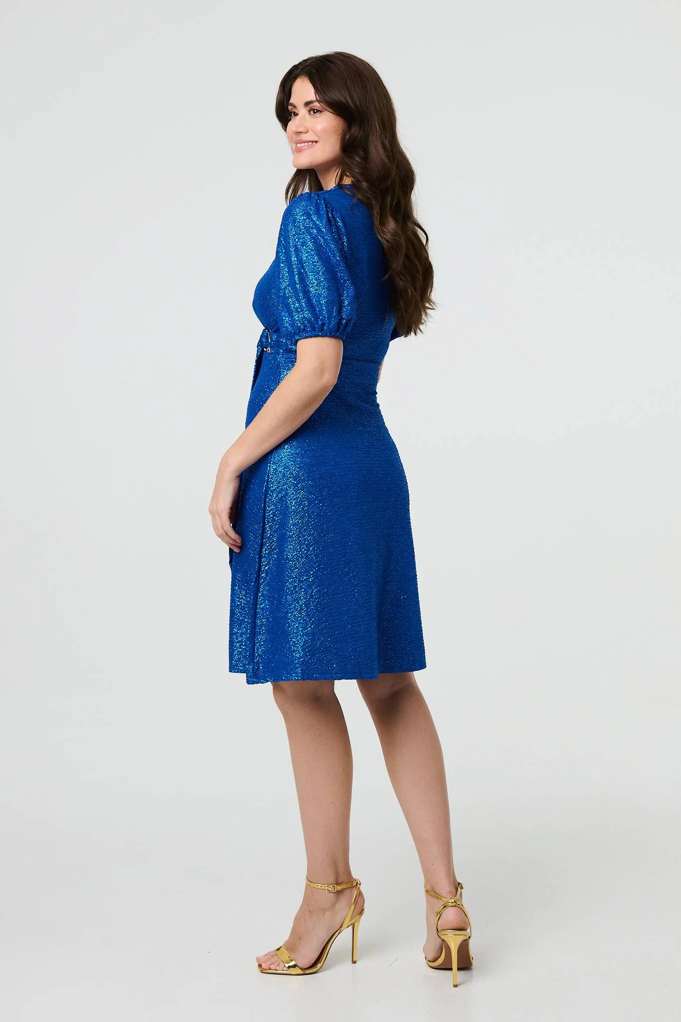 Sparkly 1/2 Sleeve Belted Wrap Midi Dress