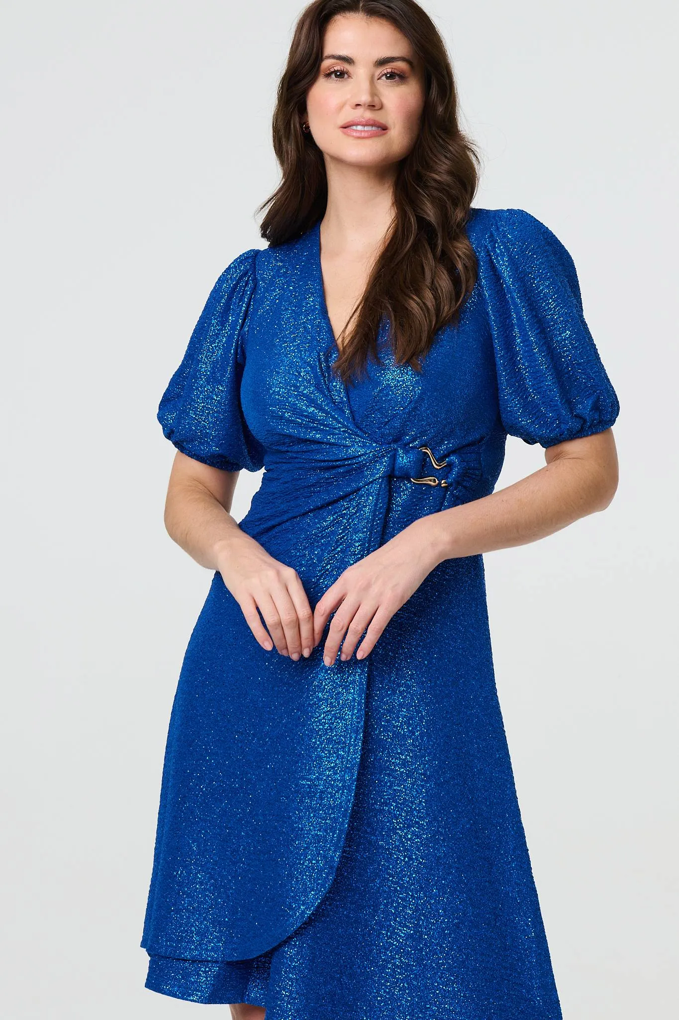 Sparkly 1/2 Sleeve Belted Wrap Midi Dress