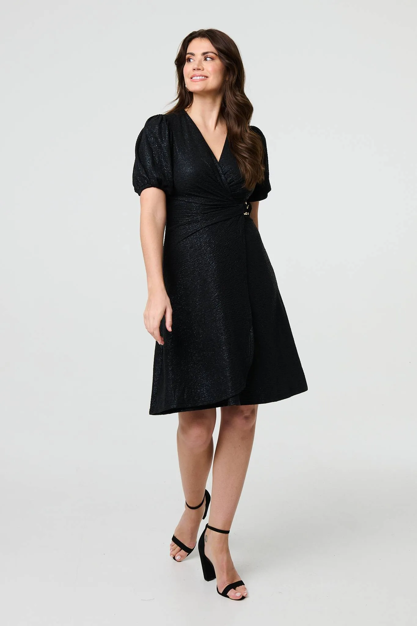 Sparkly 1/2 Sleeve Belted Wrap Midi Dress