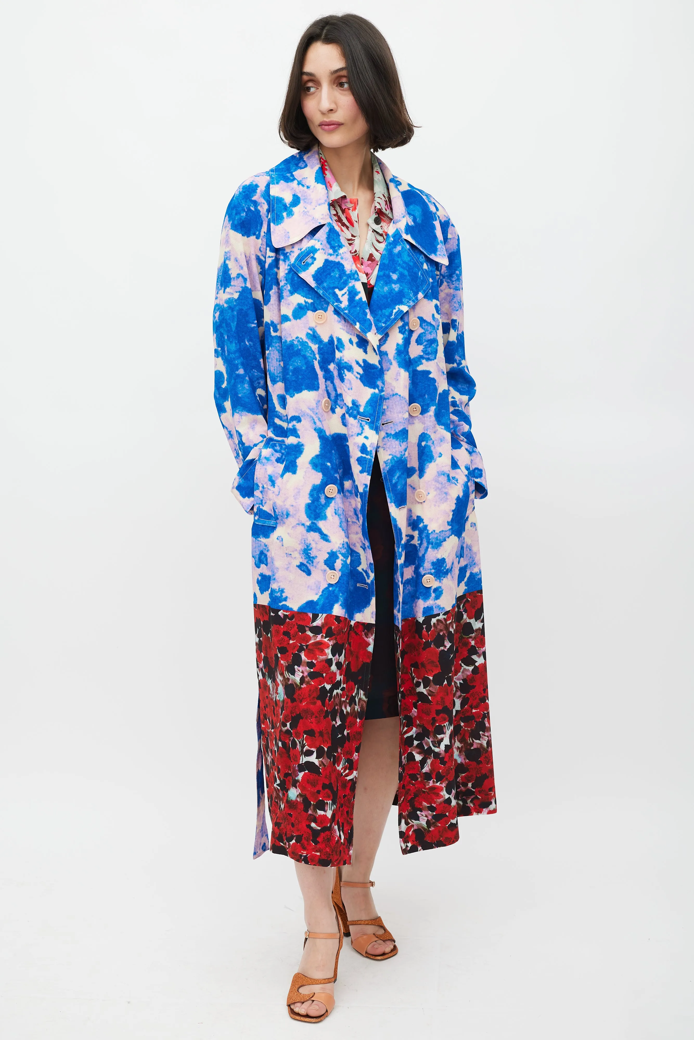 SS 2023 Blue & Multicolour Mixed Floral Trench Coat