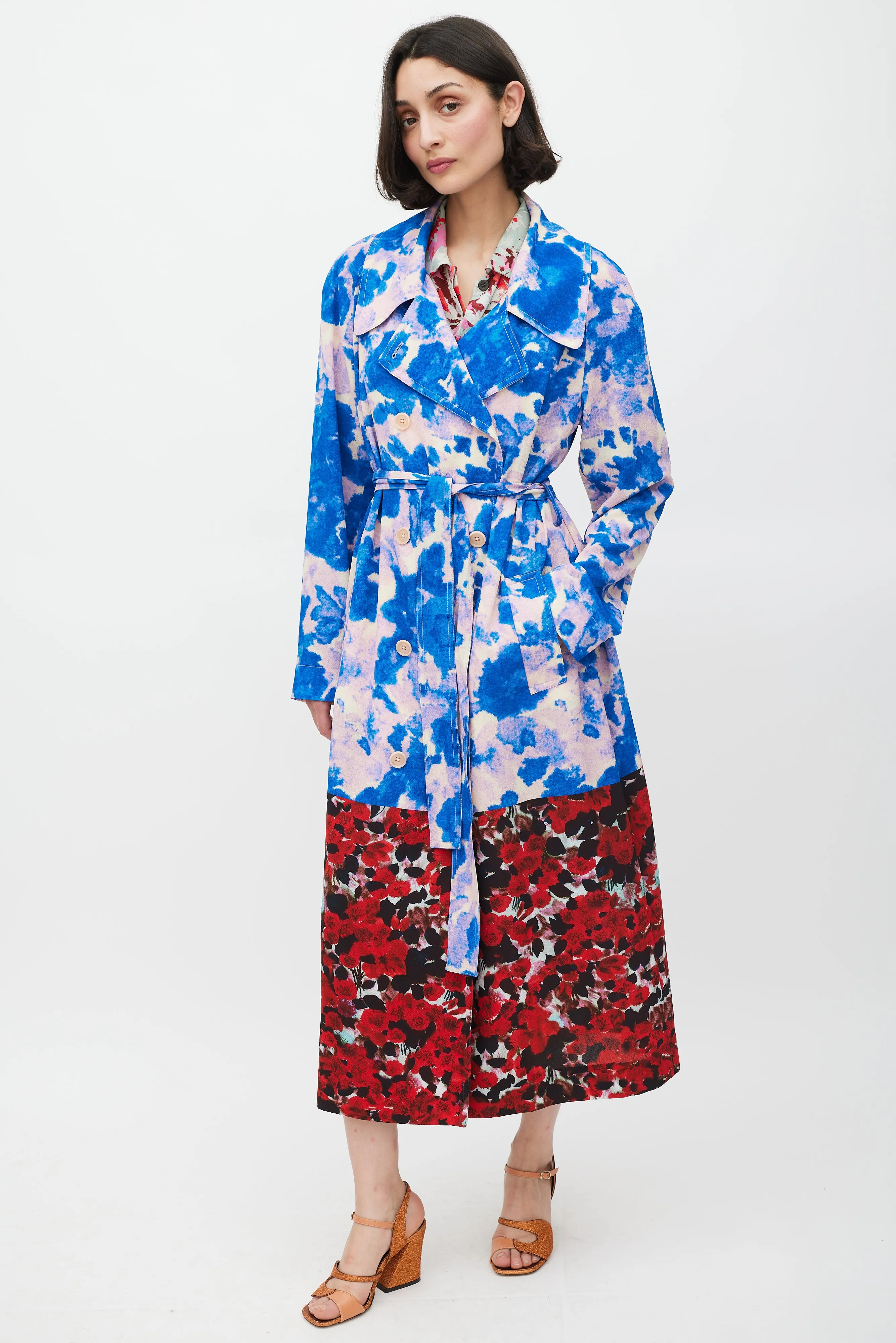 SS 2023 Blue & Multicolour Mixed Floral Trench Coat