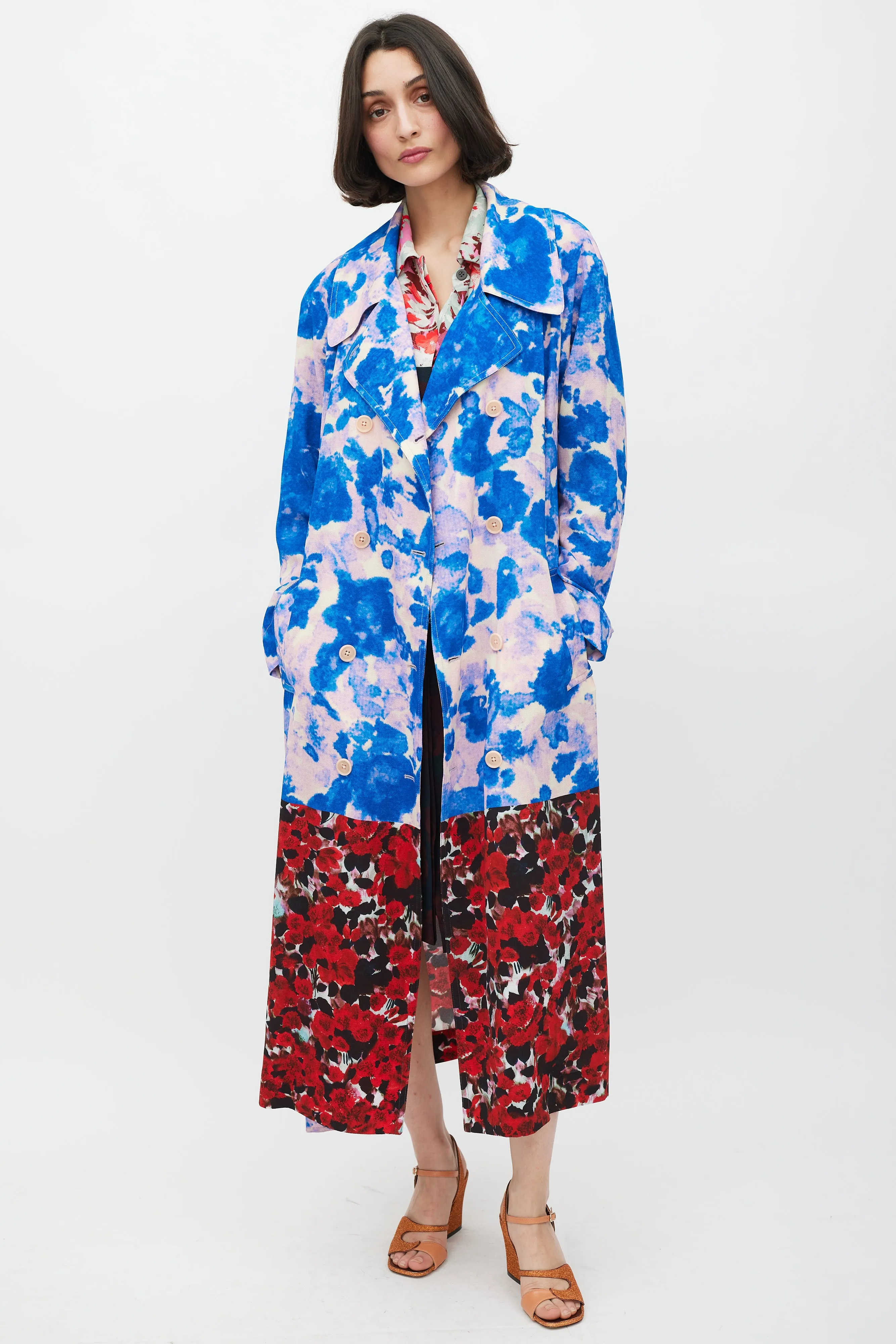 SS 2023 Blue & Multicolour Mixed Floral Trench Coat