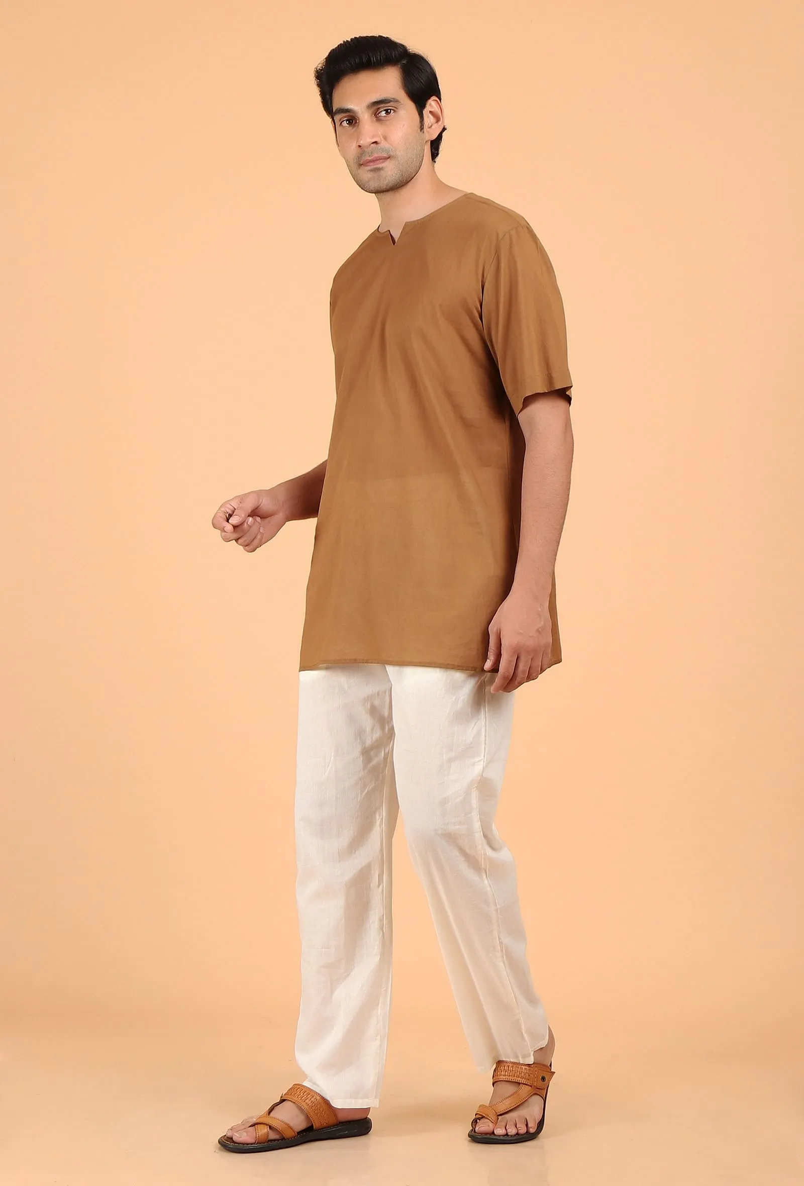 Tan Brown Cotton Mulmul Short Kurta & White Pant