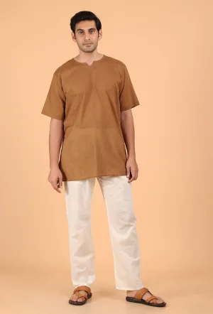 Tan Brown Cotton Mulmul Short Kurta & White Pant