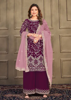 Traditional Party Wear Plum Purple Velvet Palazzo Salwar Kurta