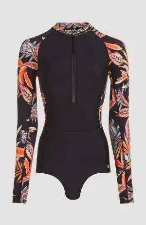 Tropical Longsleeve Surf Swimsuit | Black Tropical Flower