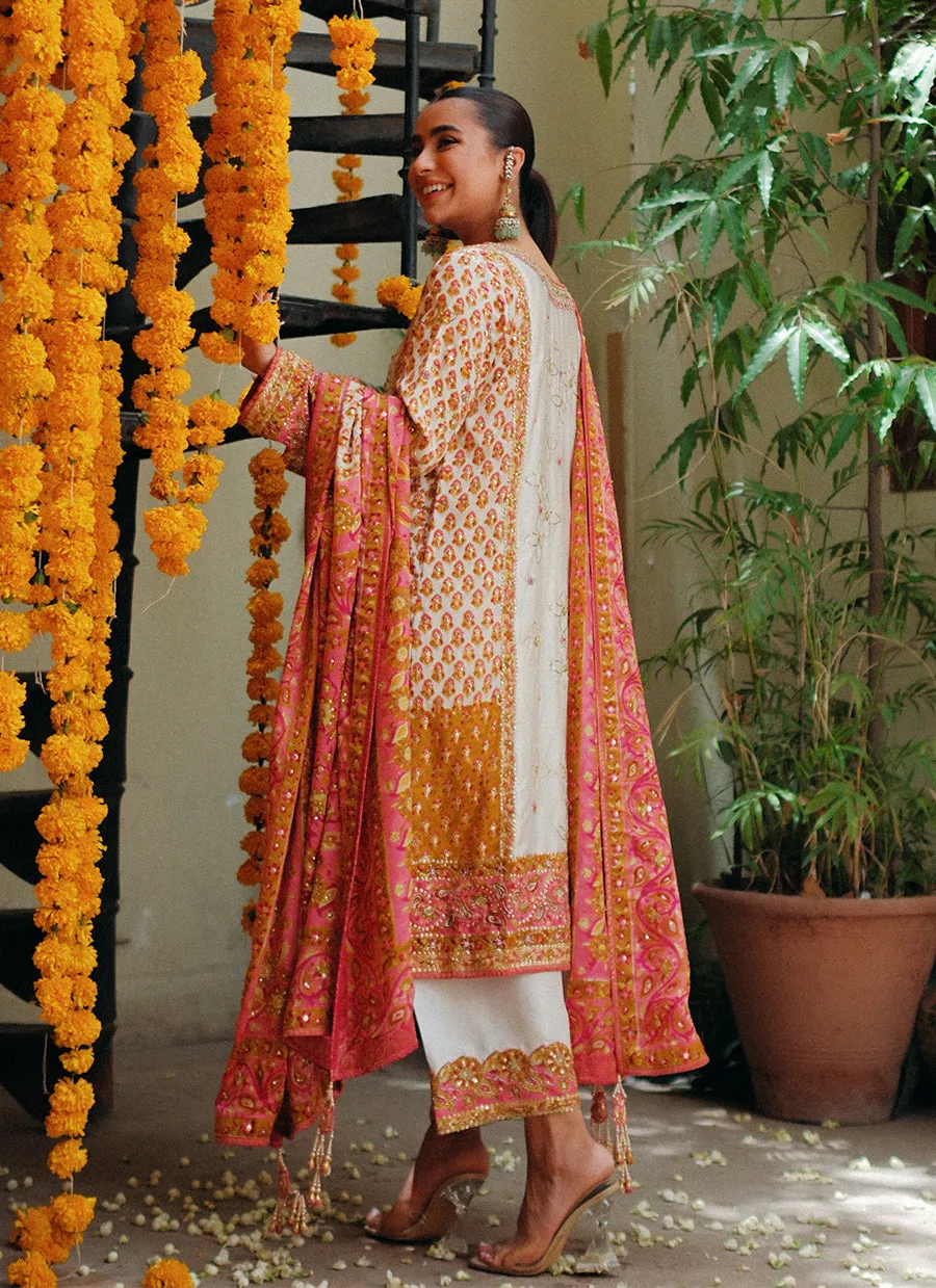 Twila Ivory hand worked kurta, Izaar, with block printed embellished dupatta