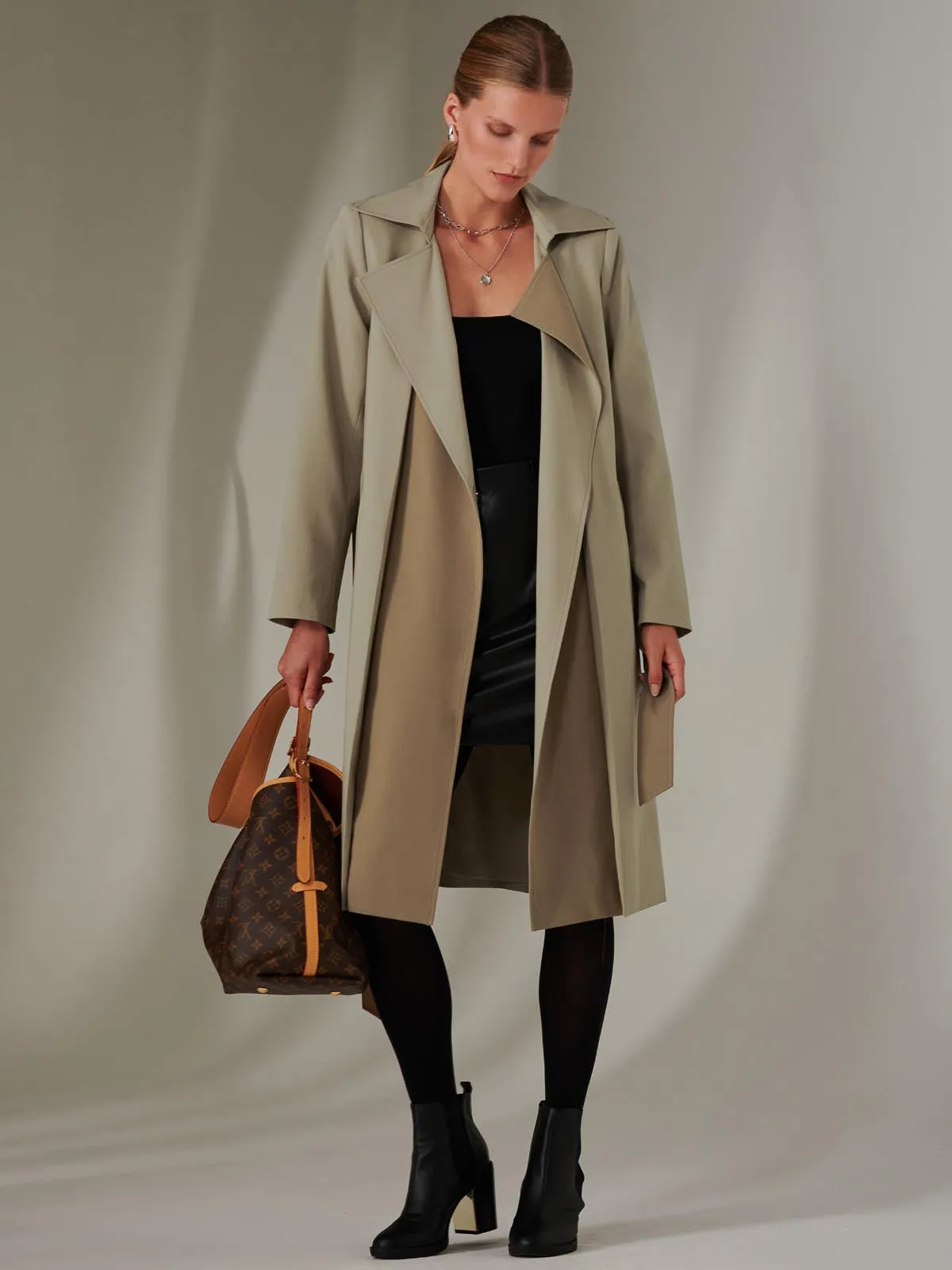 Two Tone Contrast Trench Coat, Khaki