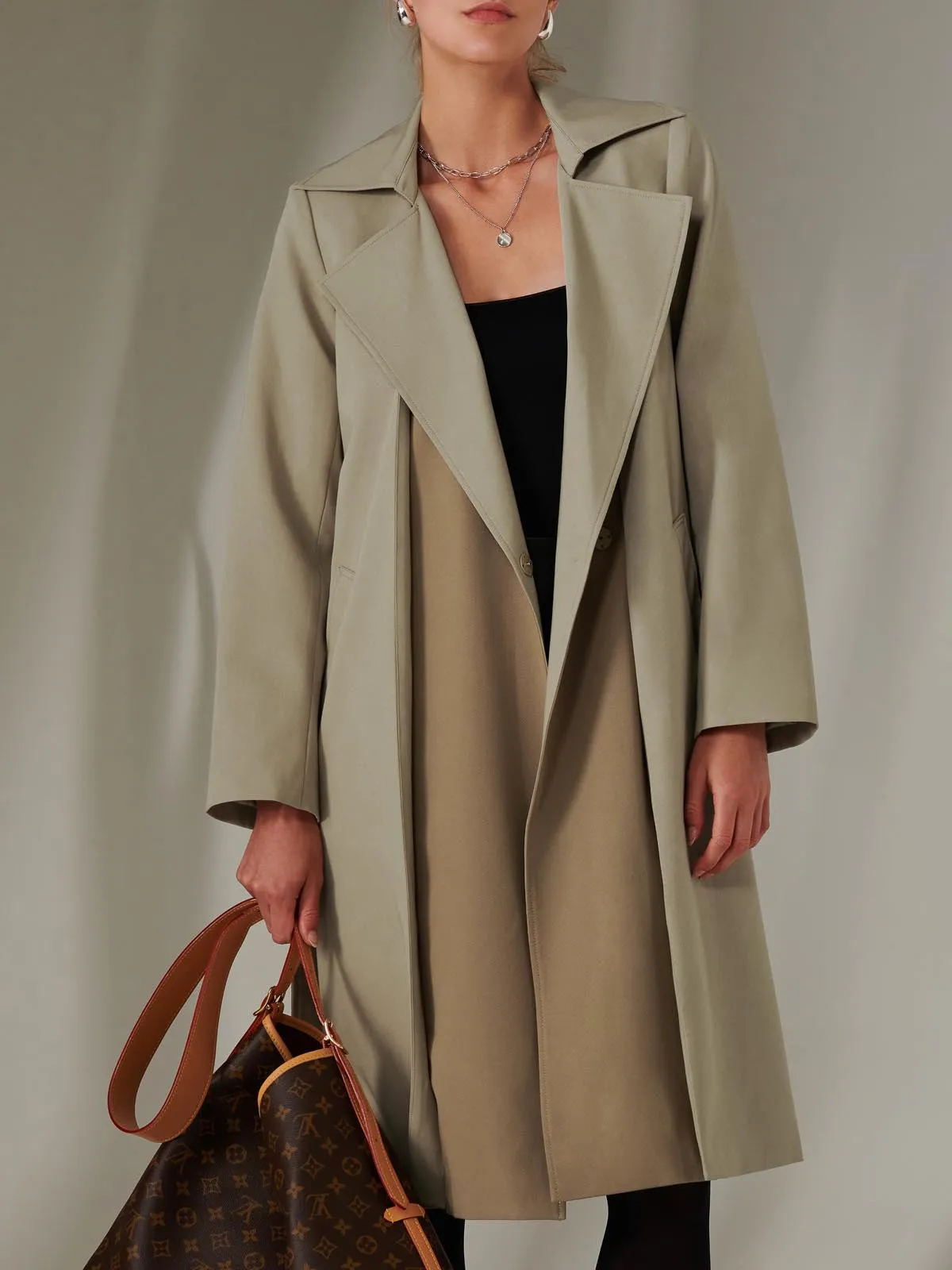 Two Tone Contrast Trench Coat, Khaki