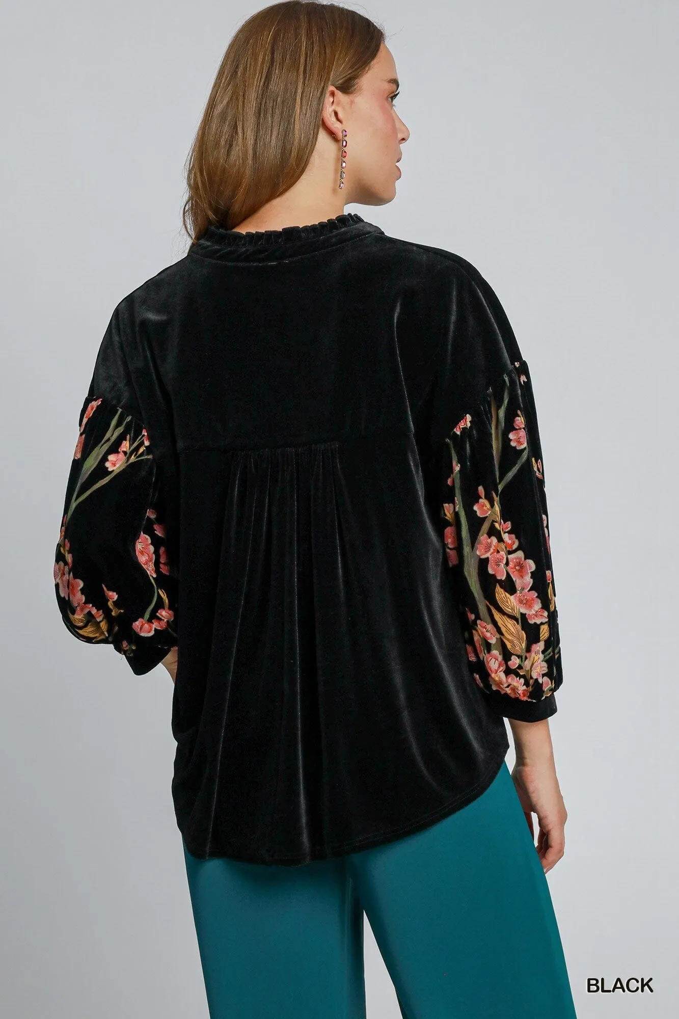 VELVET SHEER FLORAL SLEEVE BUTTON DOWN TOP