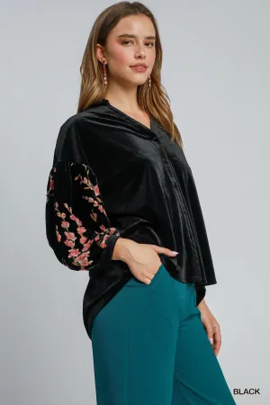 VELVET SHEER FLORAL SLEEVE BUTTON DOWN TOP